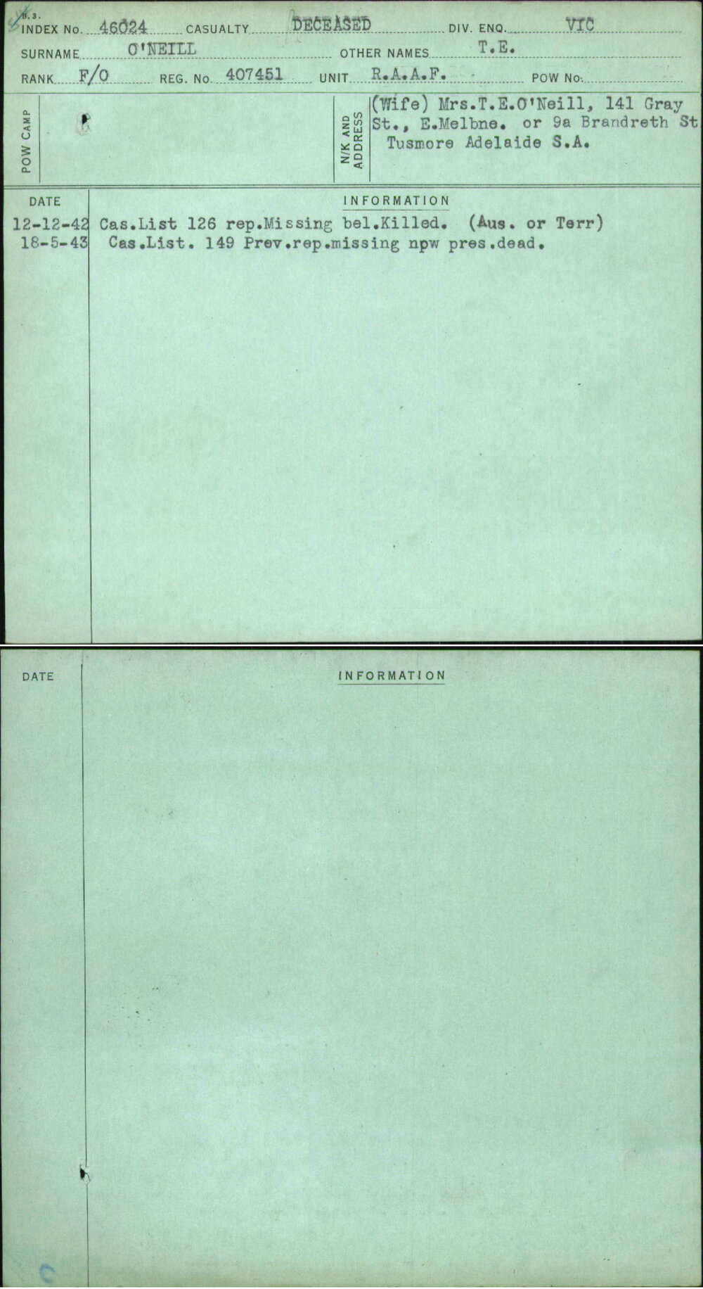 O'Neill, T E, 407451