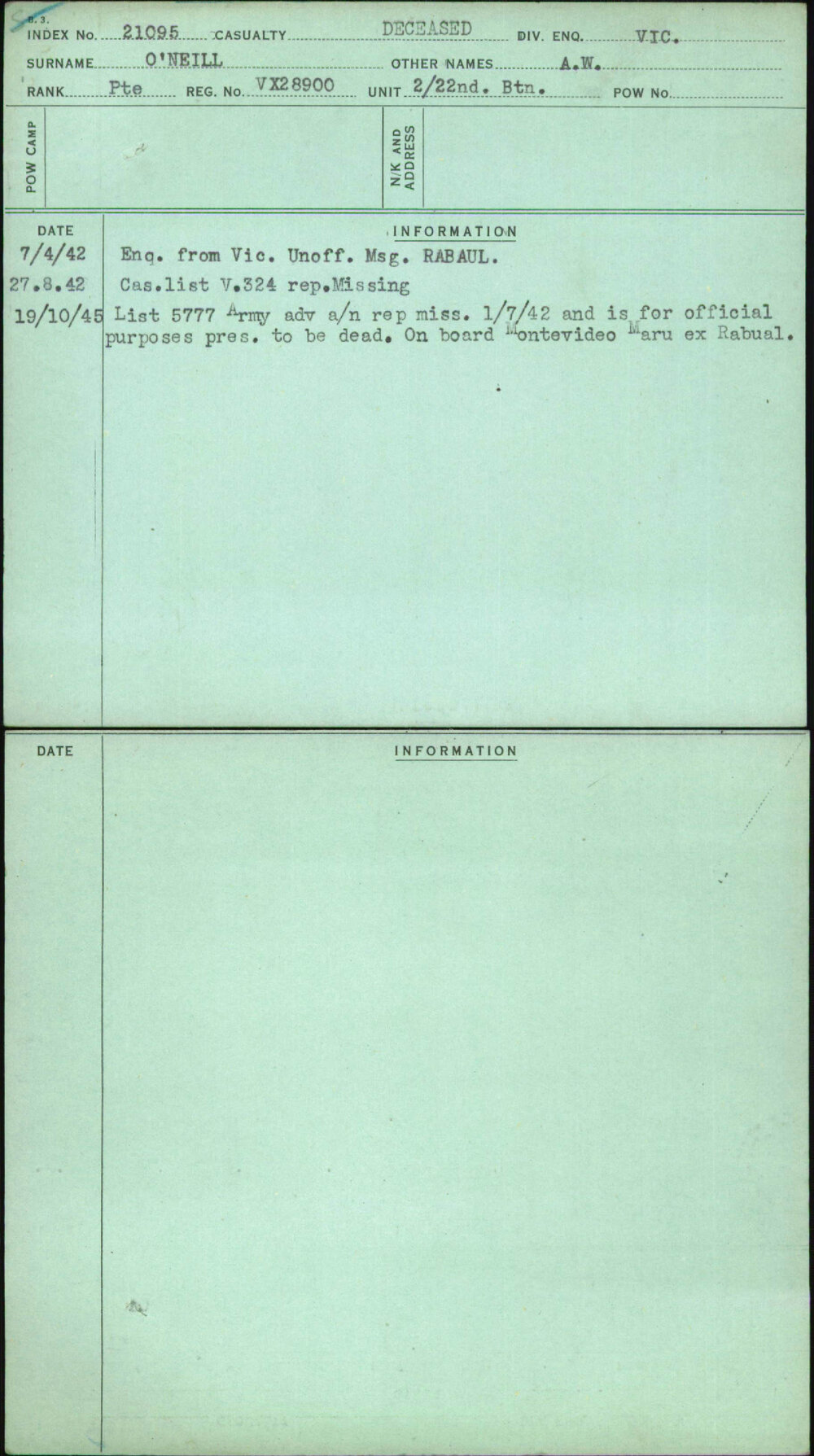 O'Neill, A W, VX28900