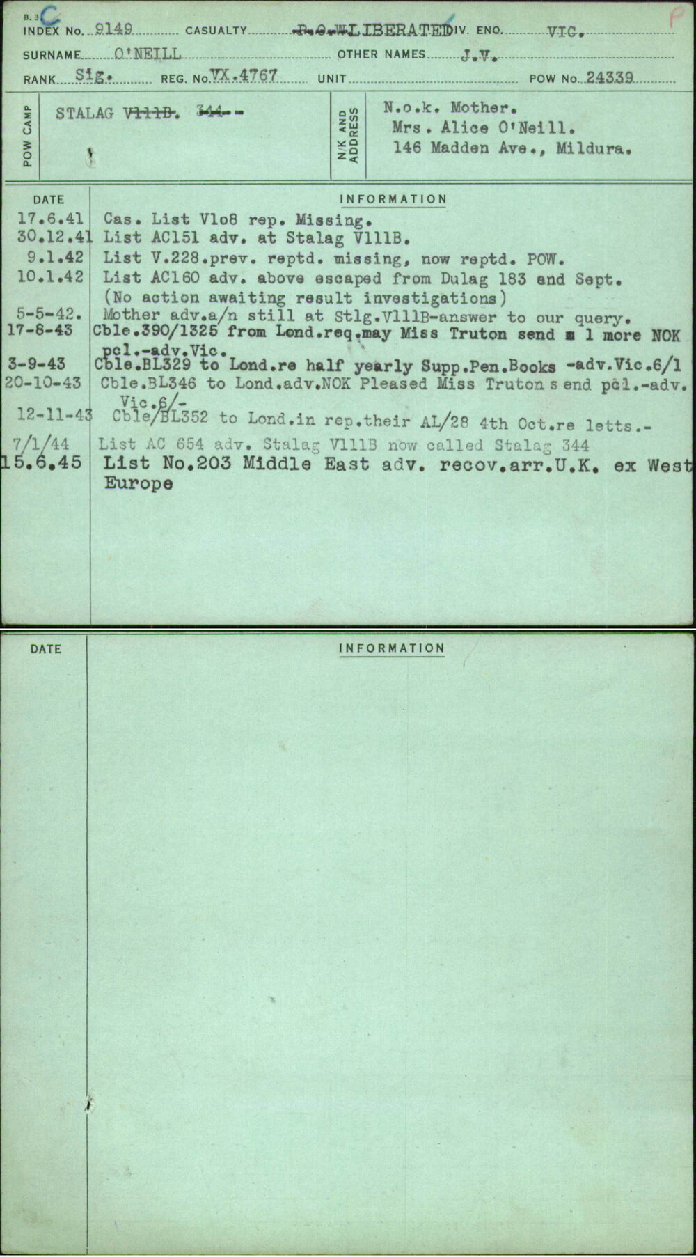 O'Neill, J V, VX4767