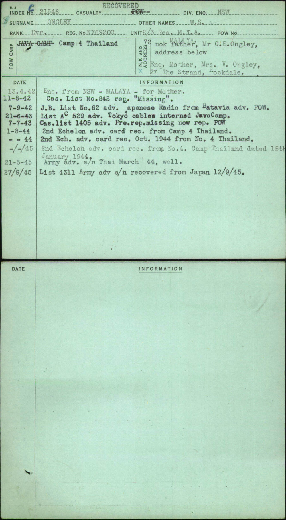 Ongley, W S, NX69200