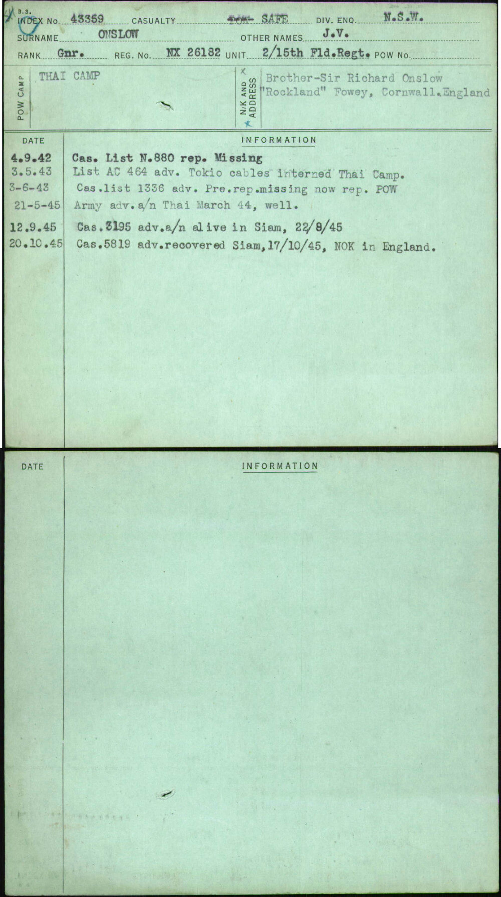 Onslow, J V, NX26182
