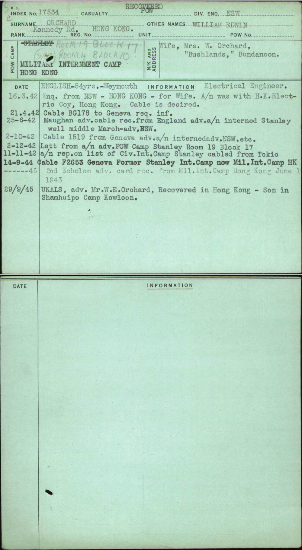 Orchard, William Edwin, [No Service Number]
