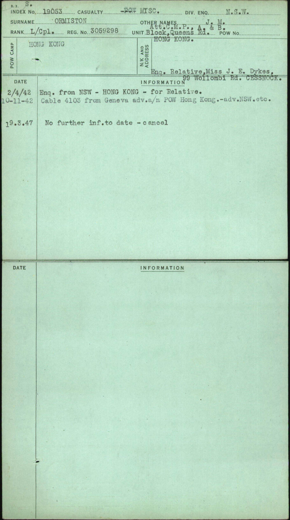 Ormiston, J M, 3059298