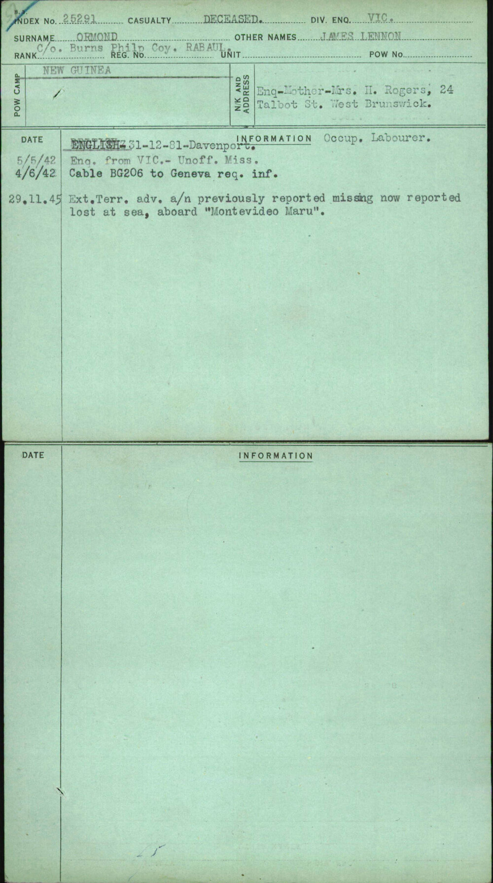 Ormond, James Lennon, [No Service Number]