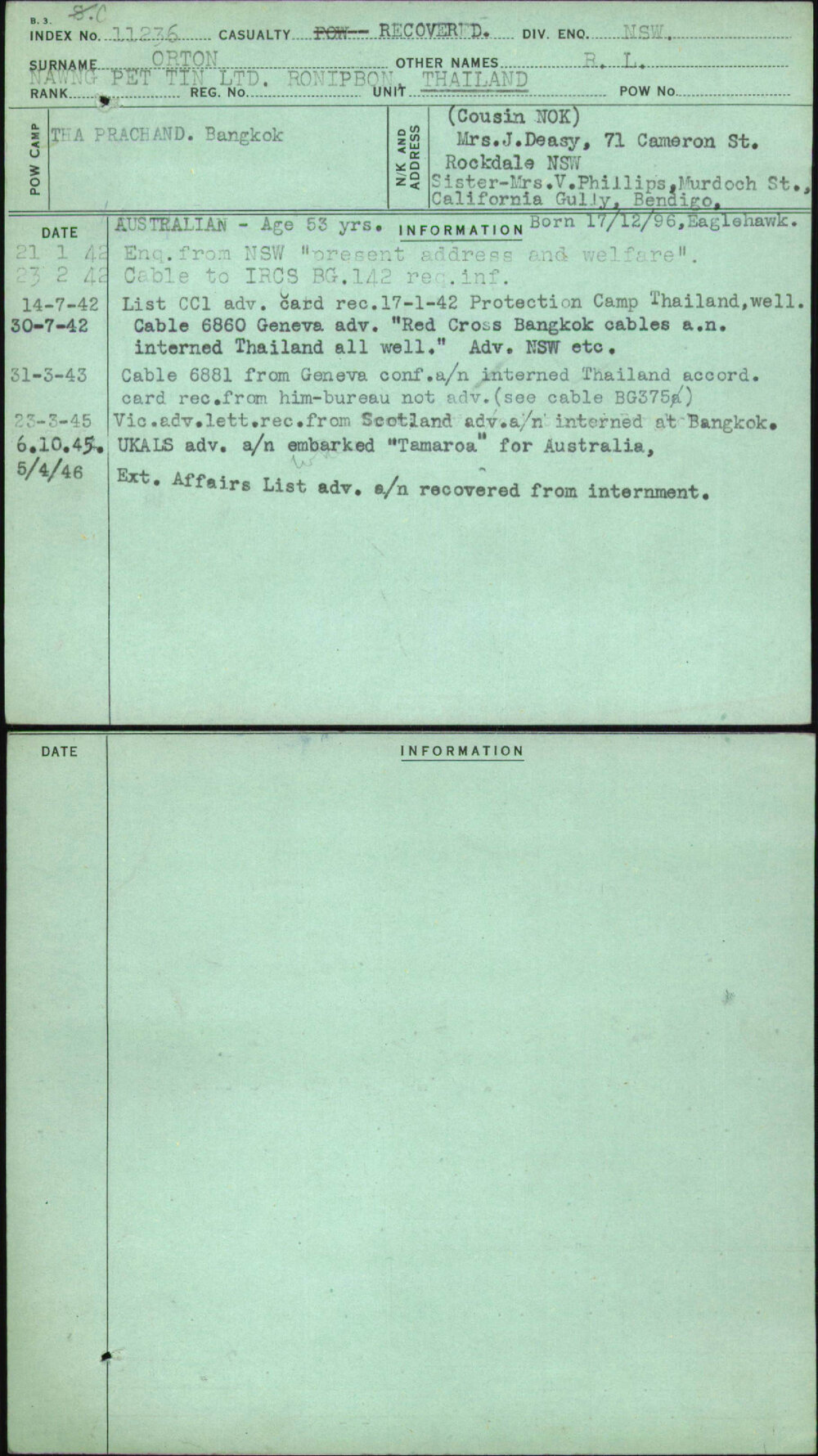 Orton, R L, [No Service Number]