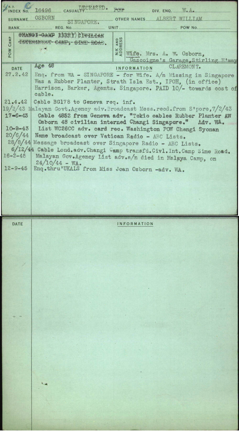 Osborn, Albert William, [No Service Number]