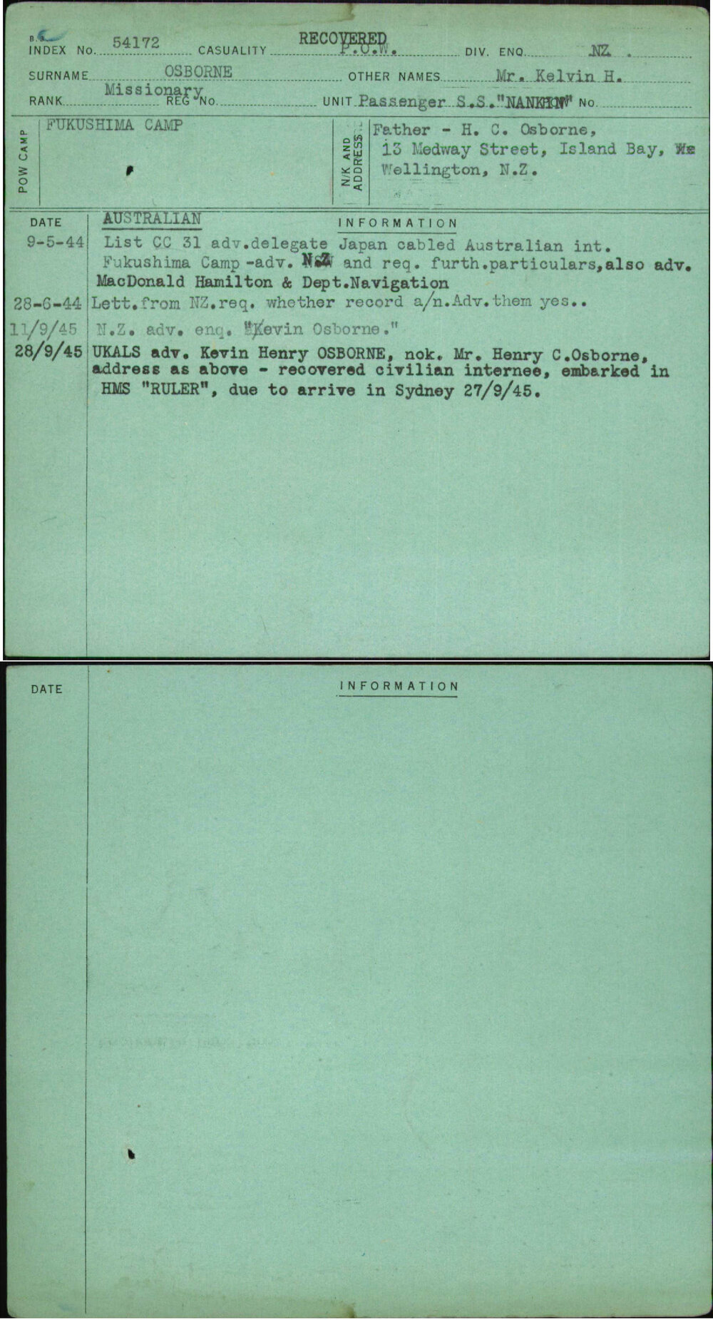 Osborne, Mr Kelvin H, [No Service Number]