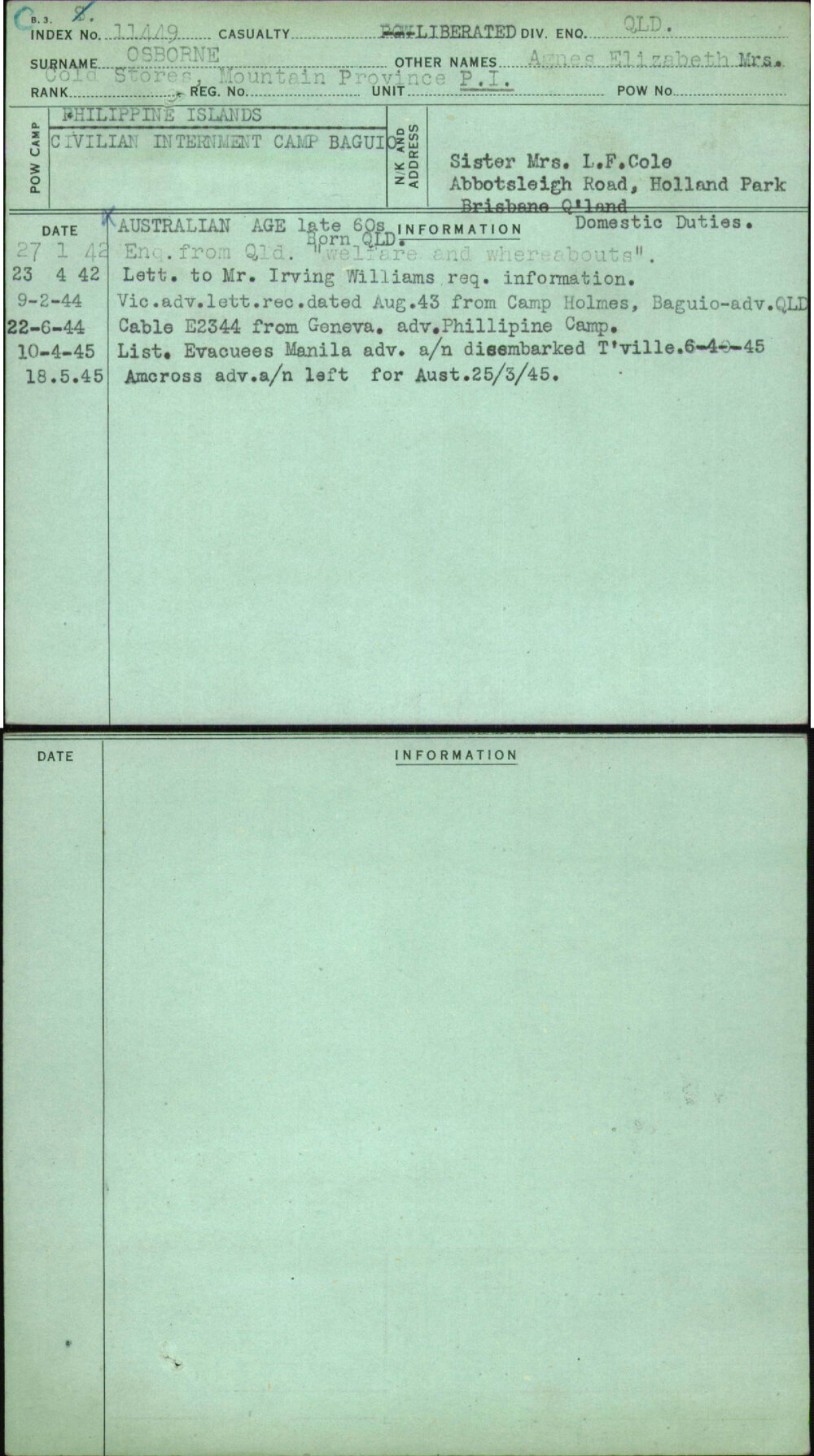 Osborne, Agnes Elizabeth Mrs, [No Service Number]