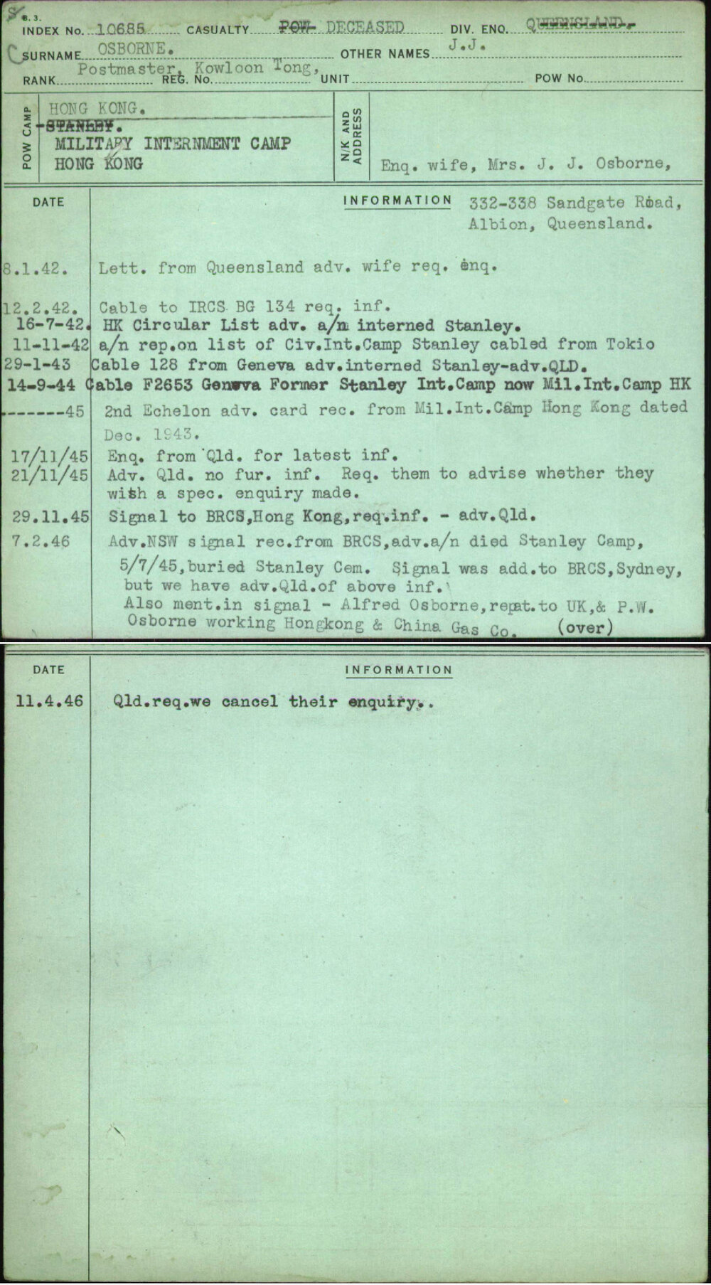 Osborne, J J, [No Service Number]