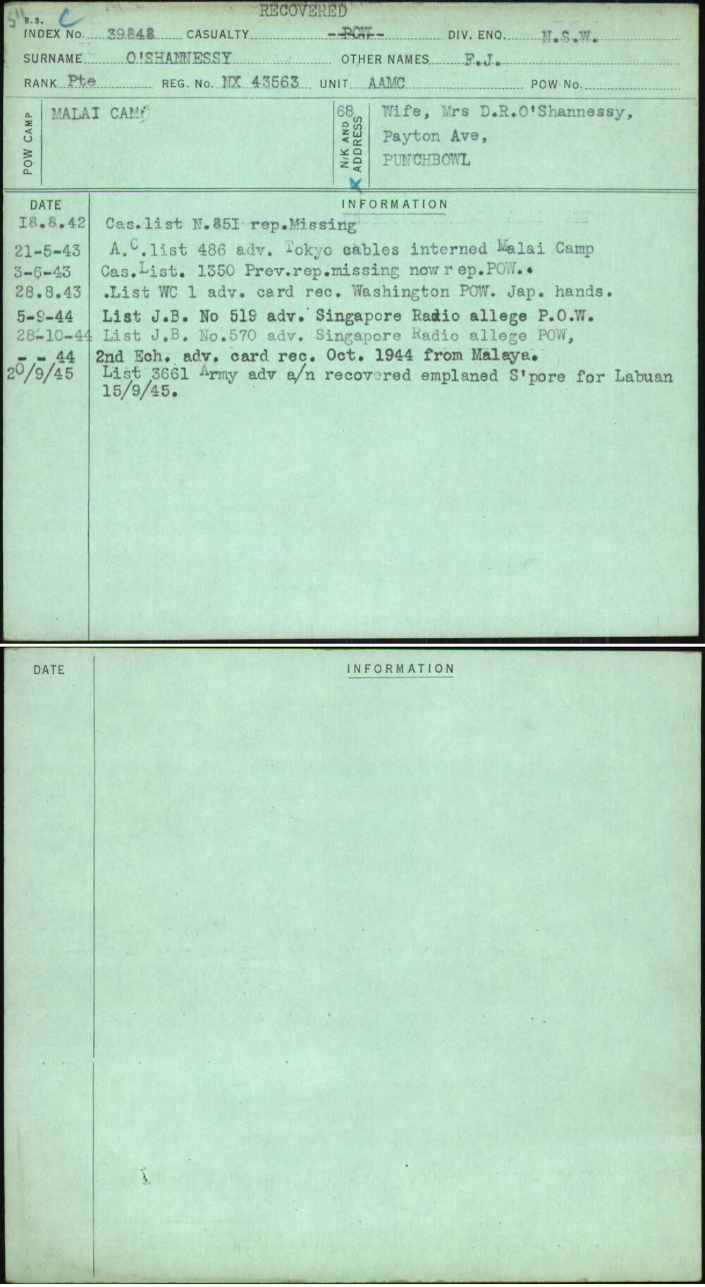 O'Shannessy, F J, NX43563