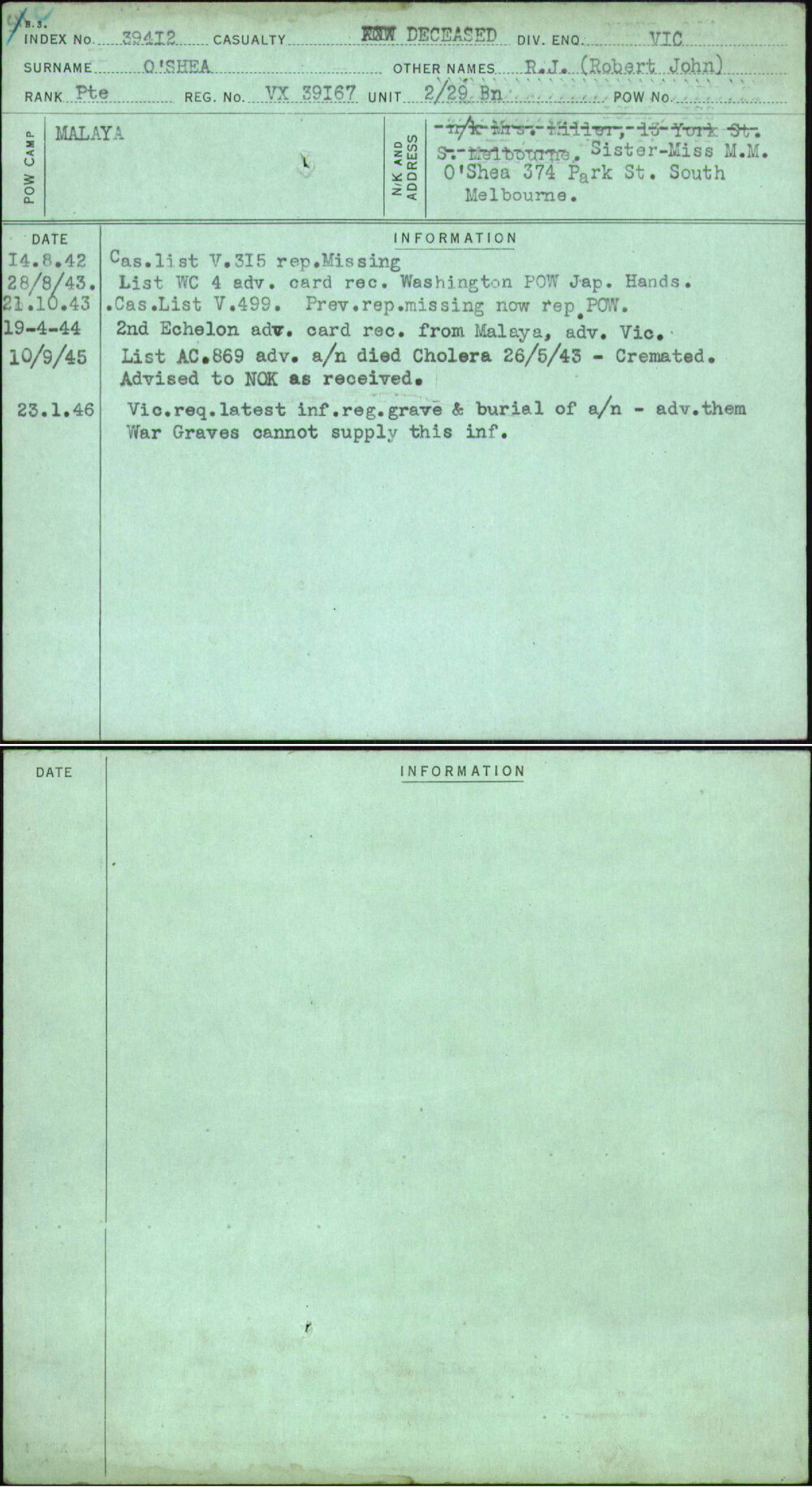 O'Shea, R J (Robert John), VX39167