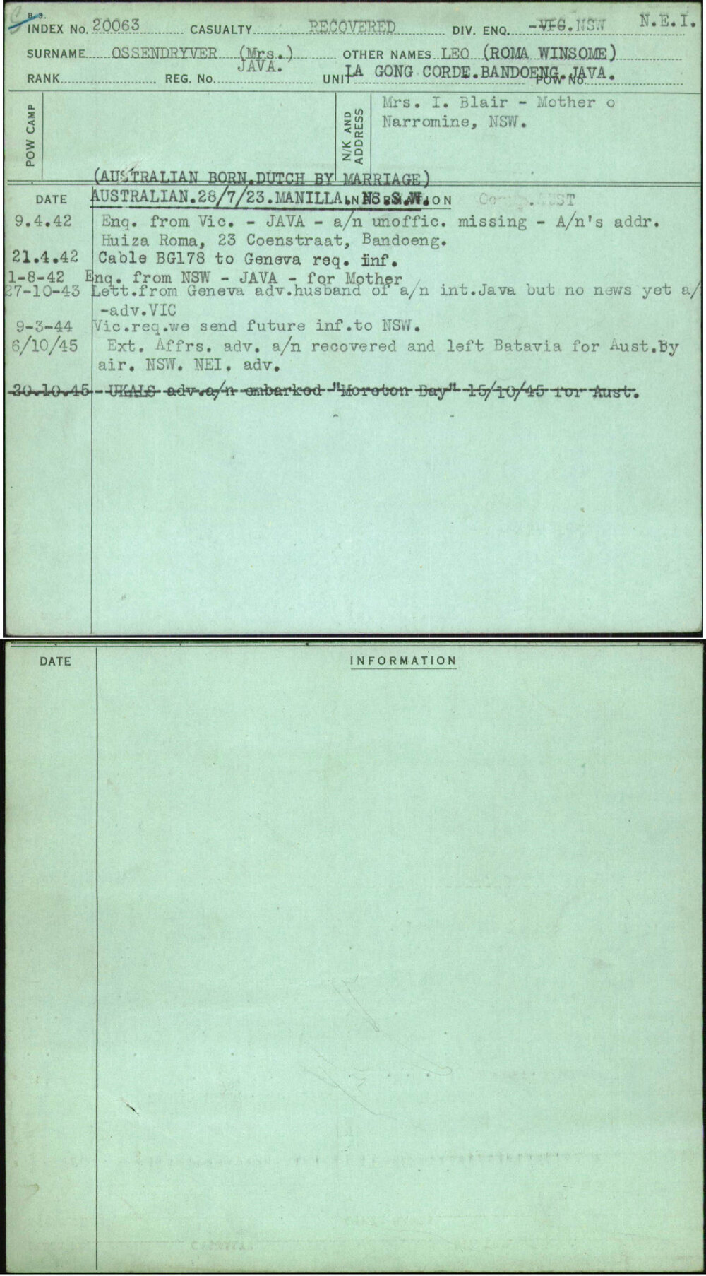 Ossendryver (Mrs), Leo (Roma Winsome), [No Service Number]