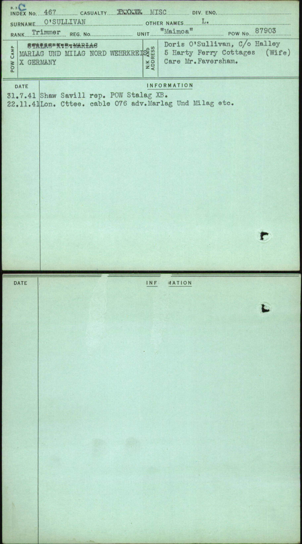 O'Sullivan, L, [No Service Number]