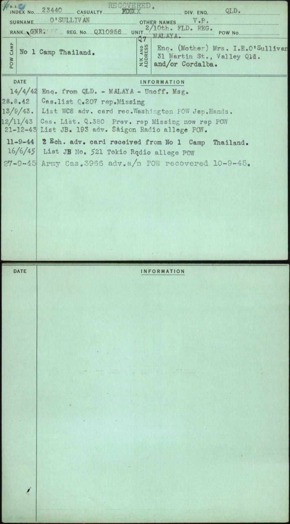 O'Sullivan, V P, QX10956