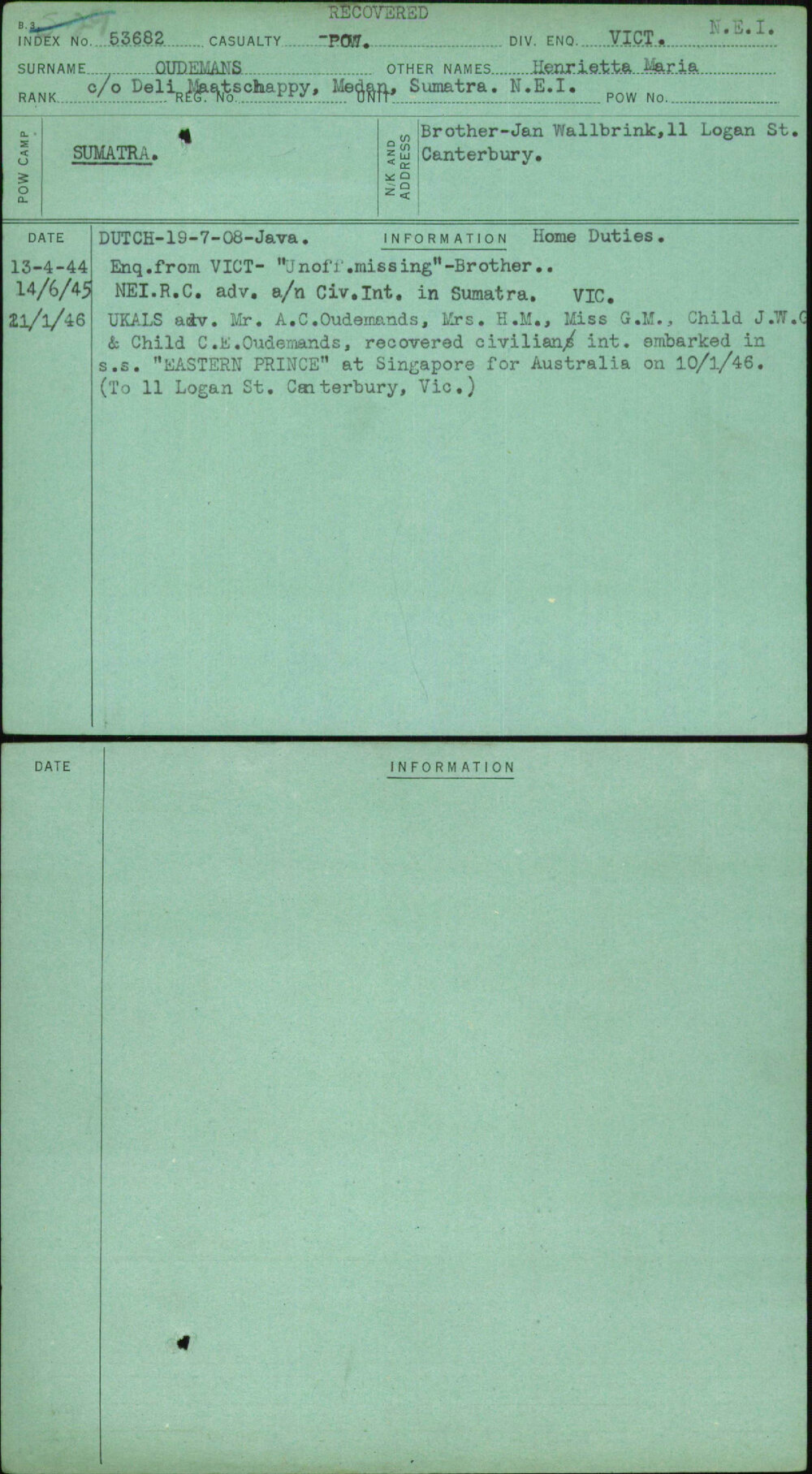 Oudemans, Henrietta Maria, [No Service Number]