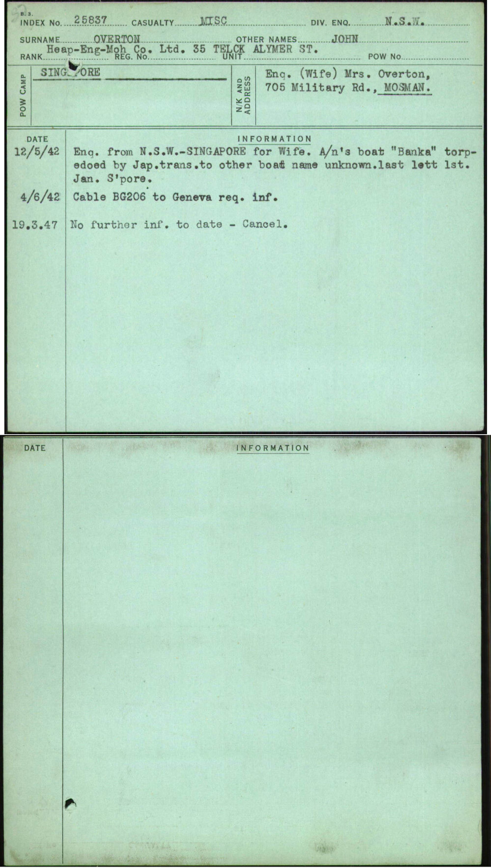 Overton, John, [No Service Number]