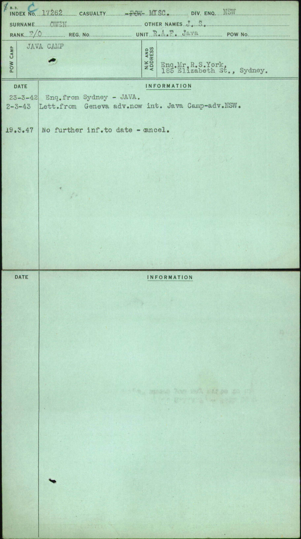 Owen, J S, [No Service Number]