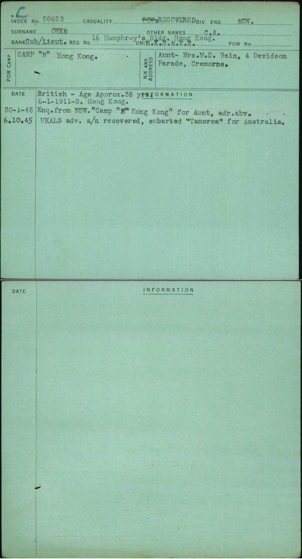 Owen, C A, [No Service Number]