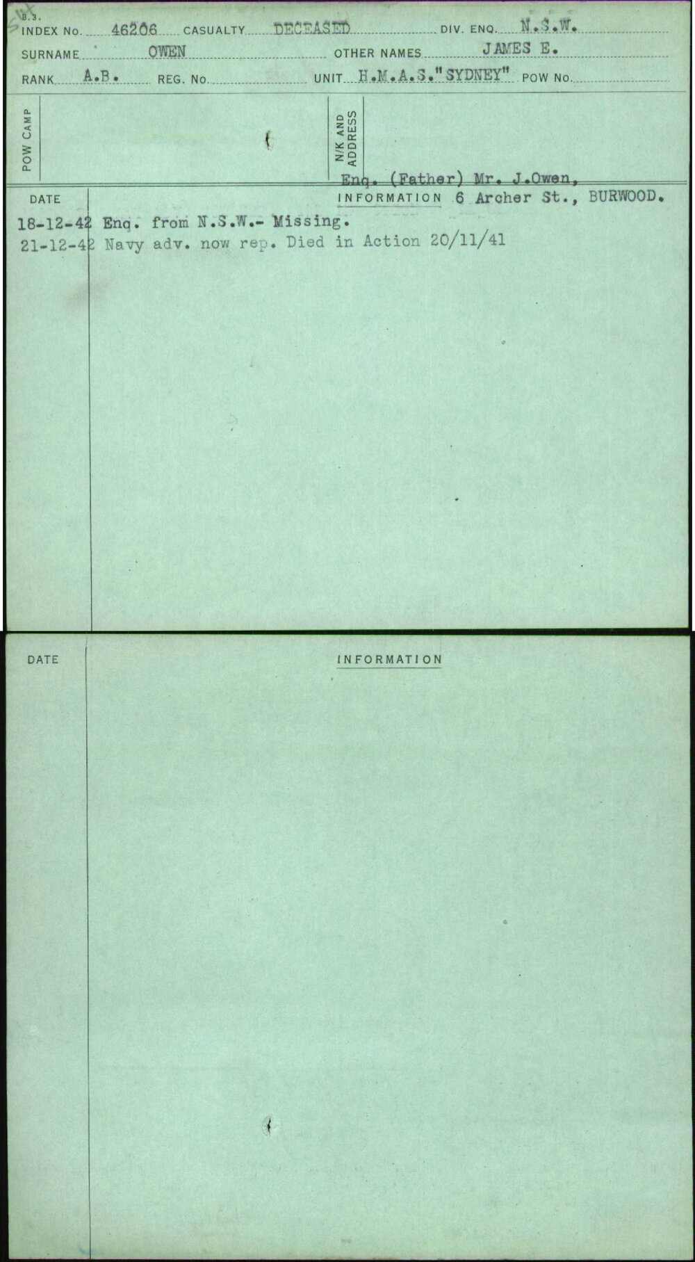 Owen, James E, [No Service Number]