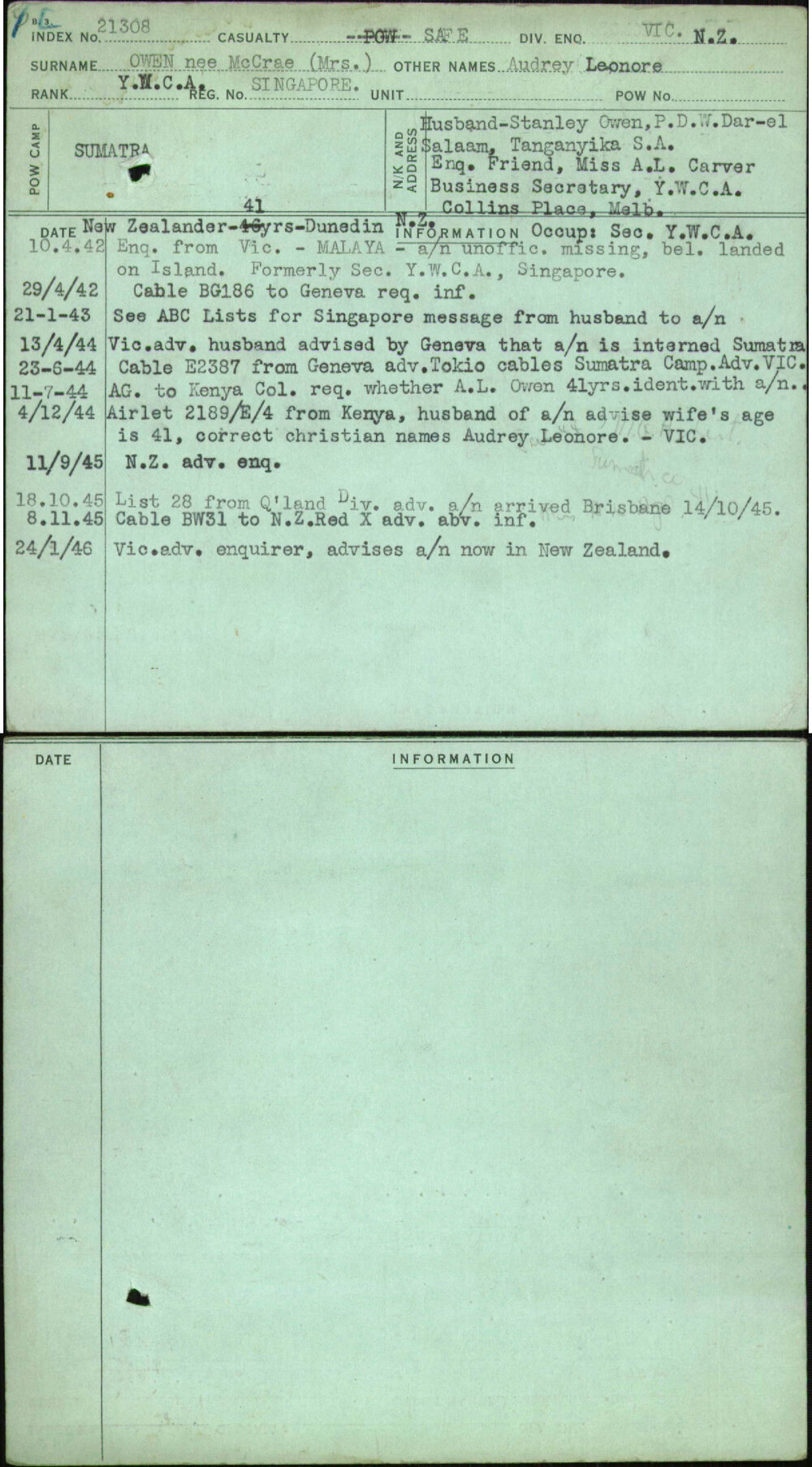 Owen Nee Mccrae (Mrs), Audrey Leonore, [No Service Number]