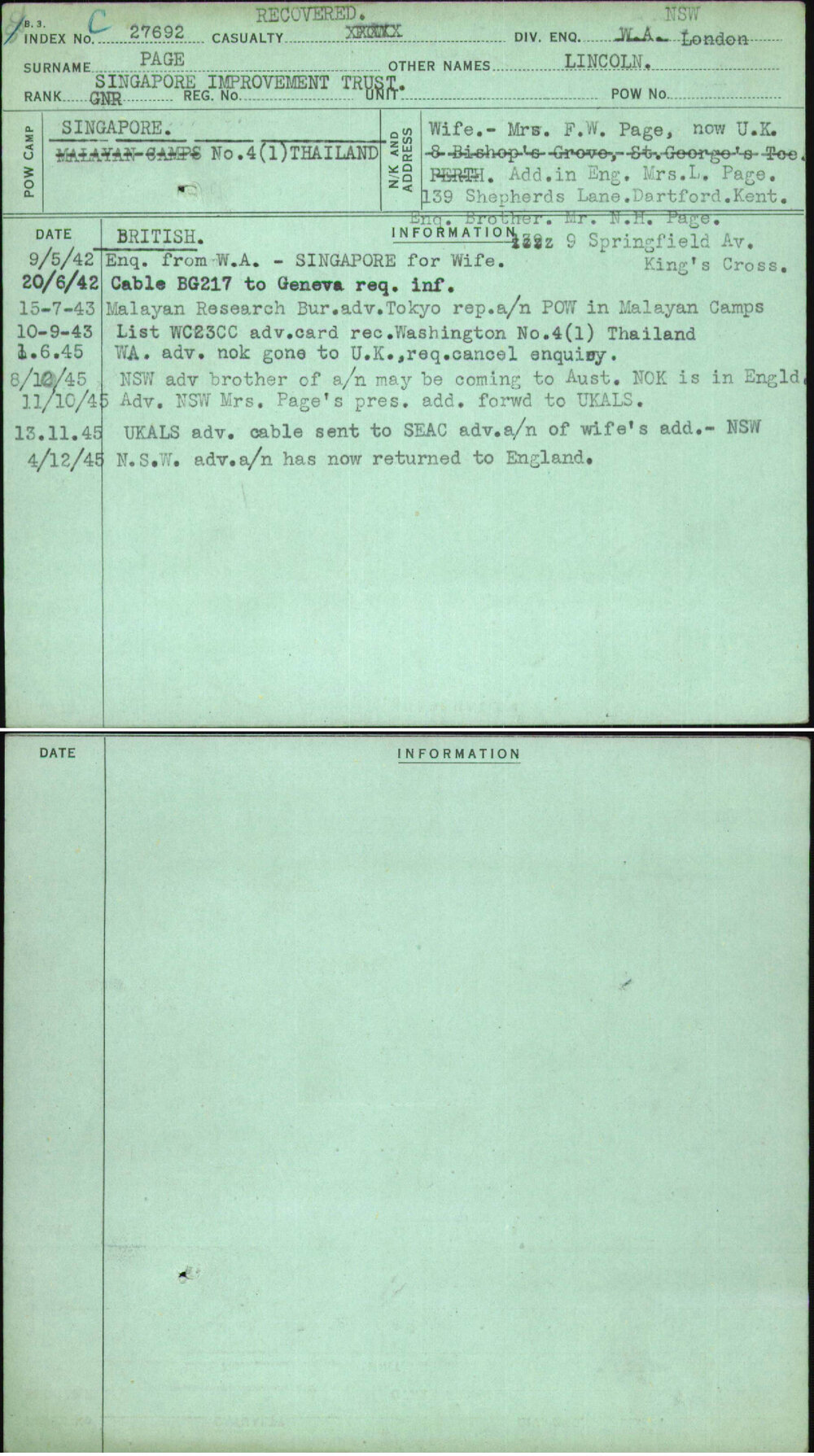 Page, Lincoln, [No Service Number]