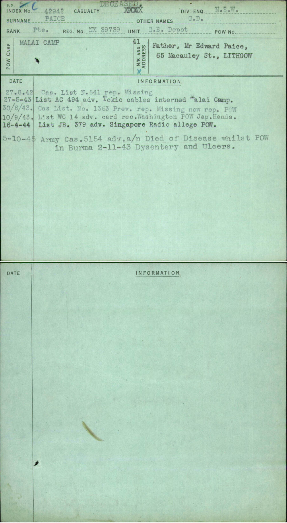 Paice, G D, NX39739