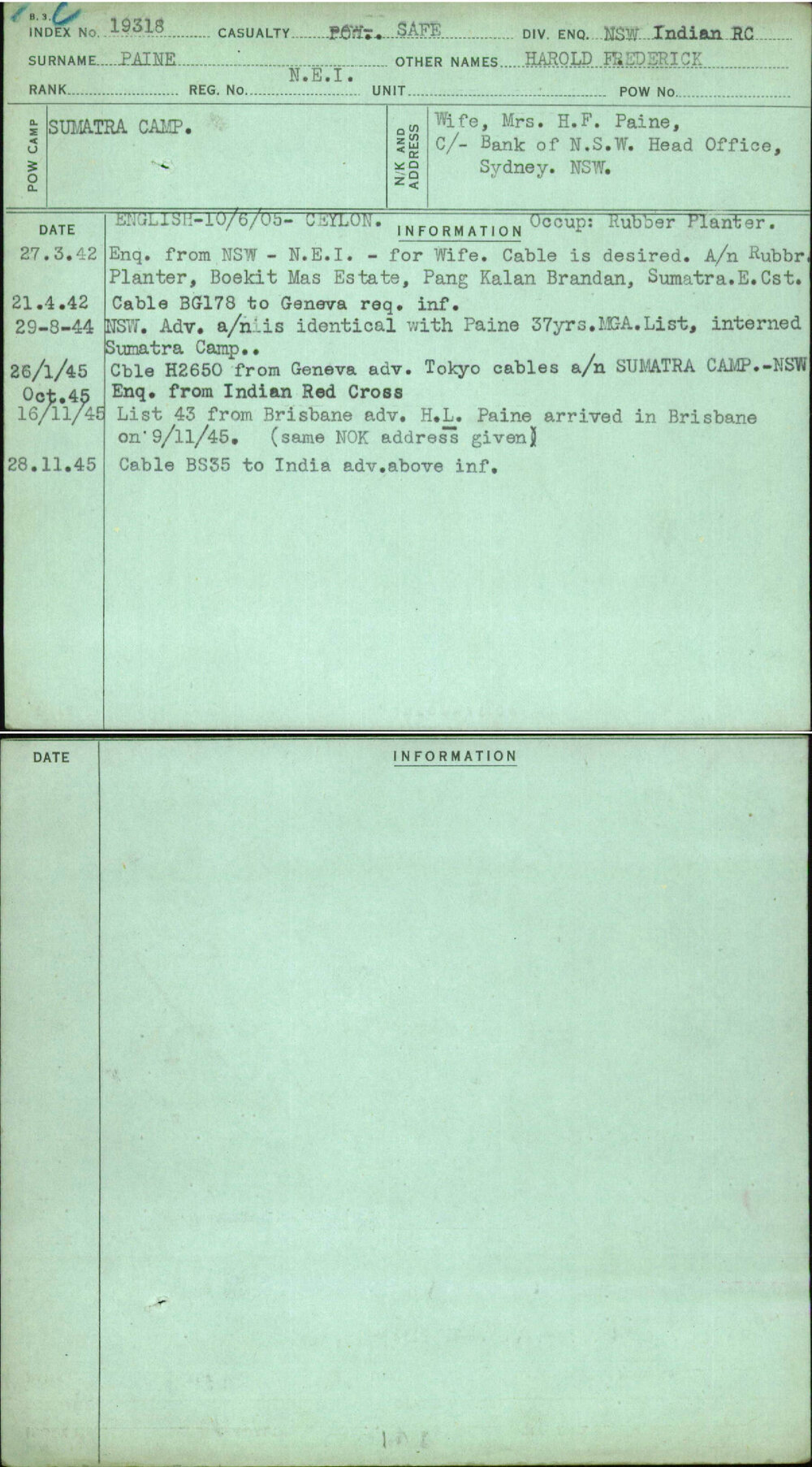 Paine, Harold Frederick, [No Service Number]