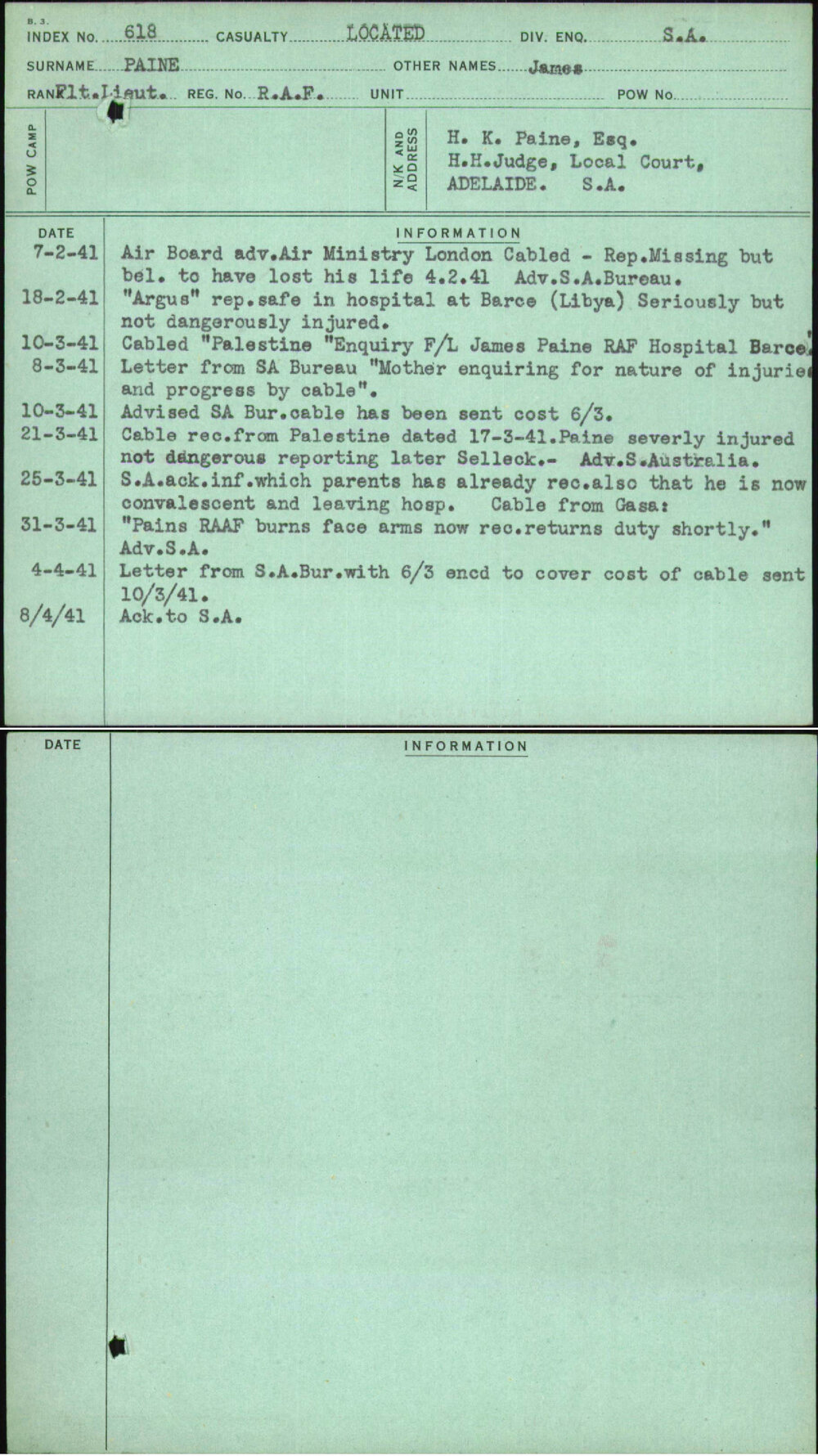 Paine, James, [No Service Number]