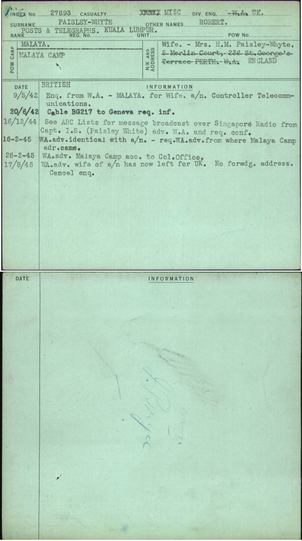 Paisley-Whyte, Robert, [No Service Number]