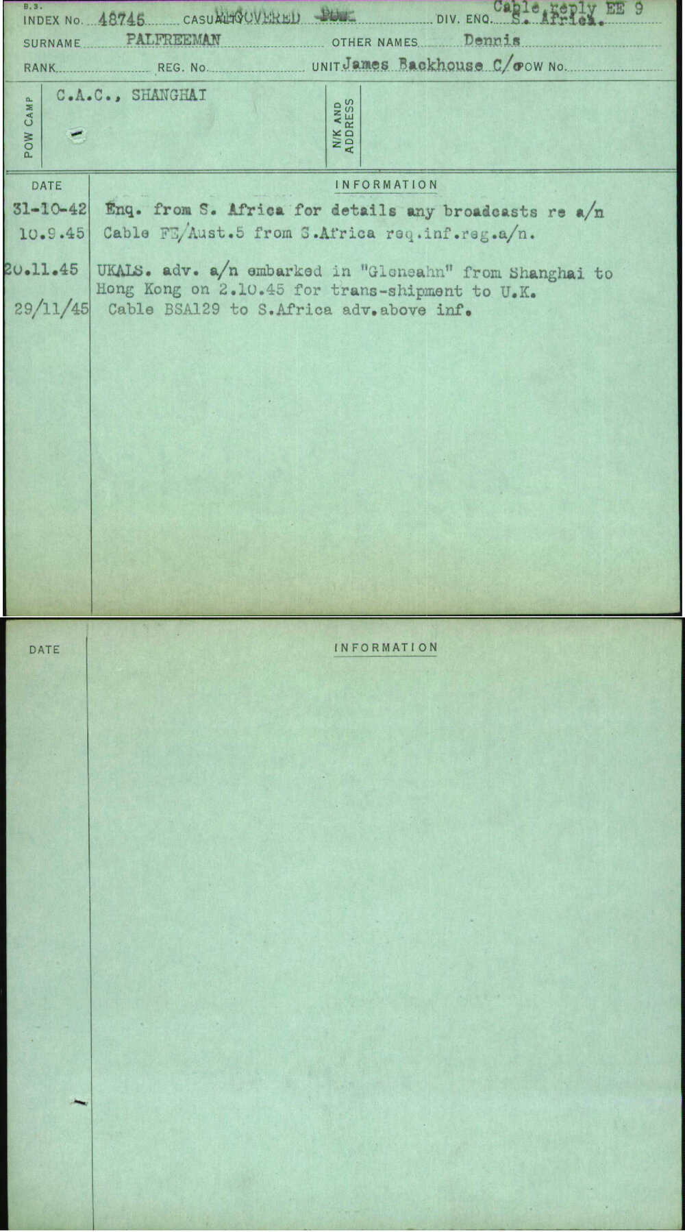 Palfreeman, Dennis, [No Service Number]