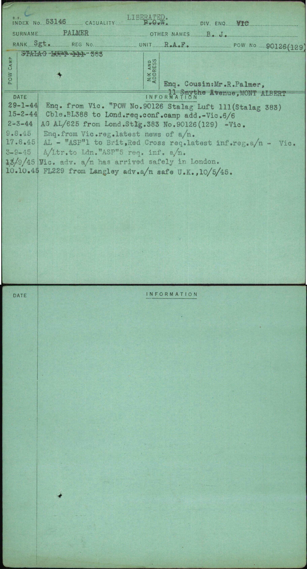 Palmer, B J, [No Service Number]