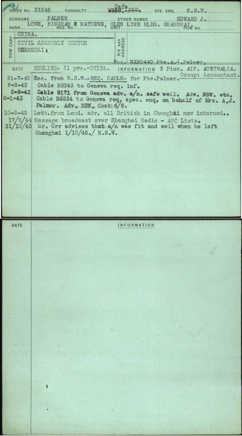 Palmer, Edward J, [No Service Number]