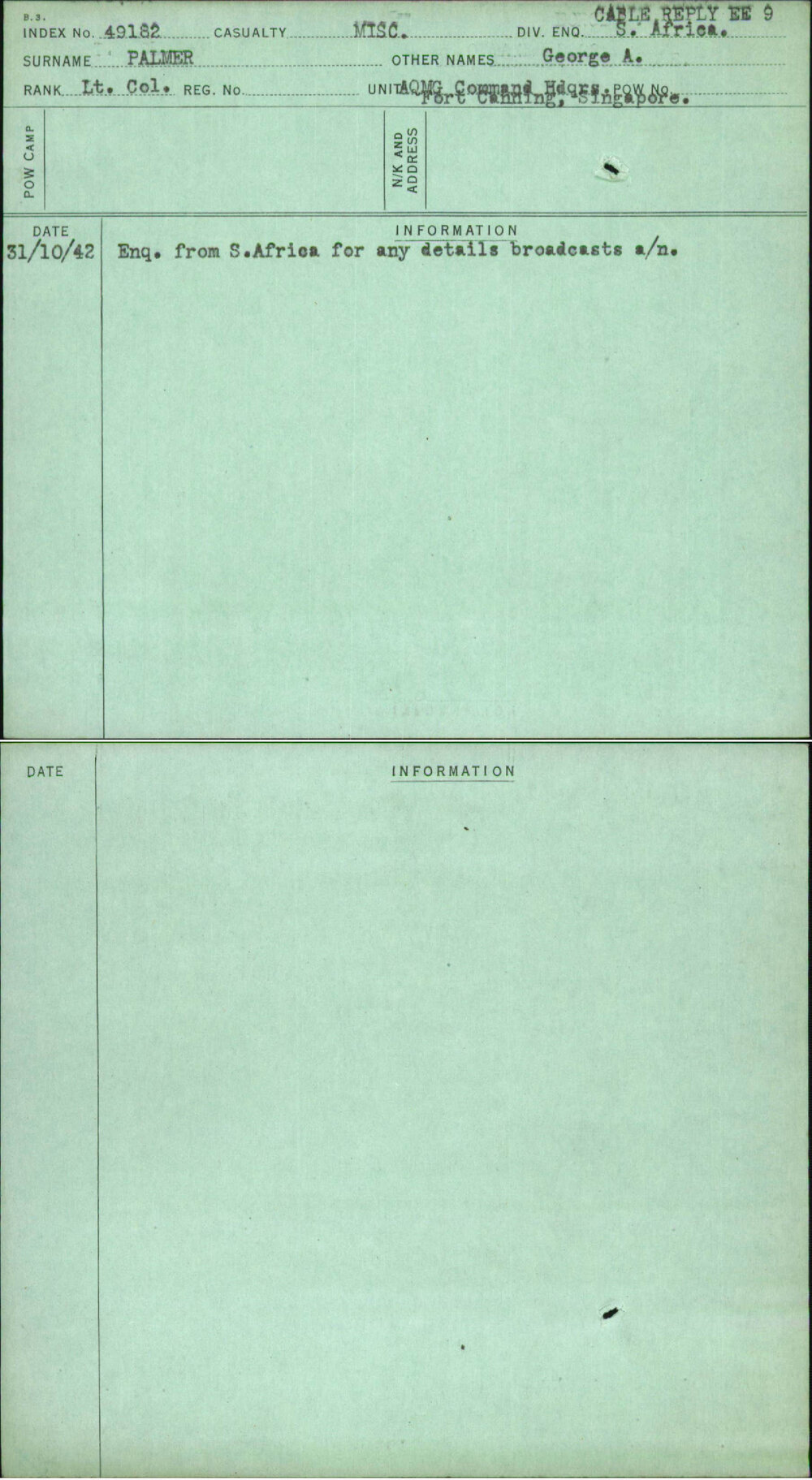 Palmer, George A, [No Service Number]