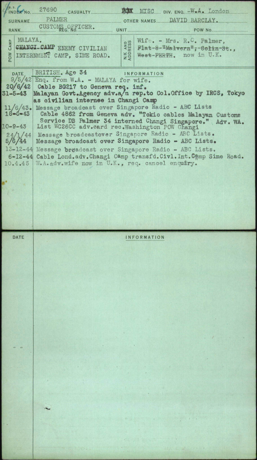 Palmer, David Barclay, [No Service Number]