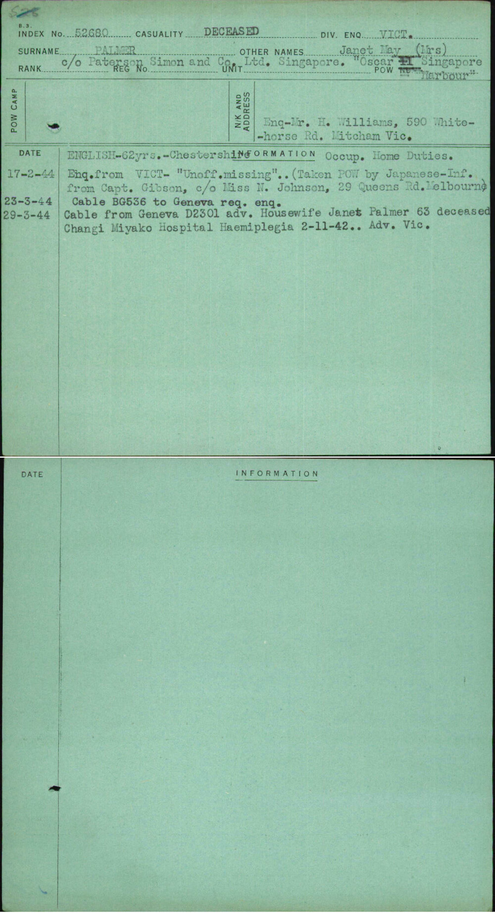 Palmer, Janet May (Mrs), [No Service Number]