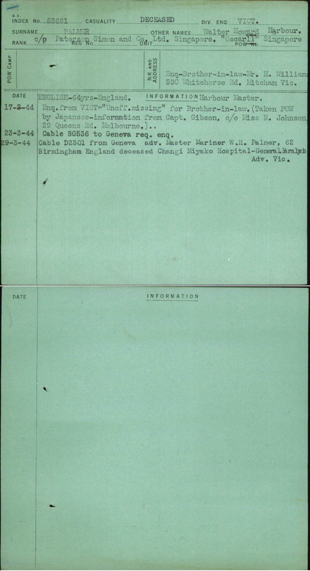 Palmer, Walter Howard Harbour, [No Service Number]