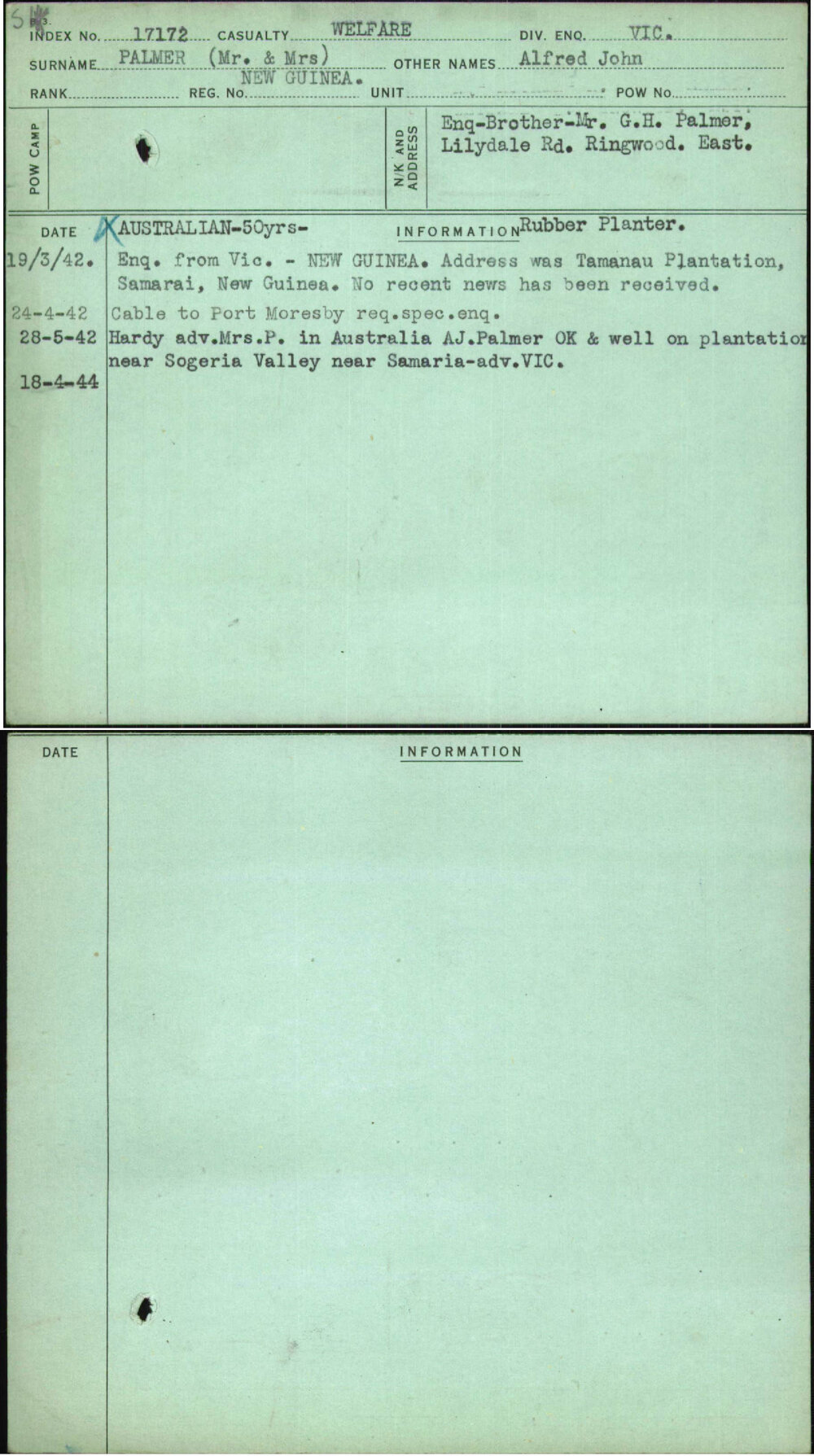 Palmer (Mr &amp; Mrs), Alfred John, [No Service Number]