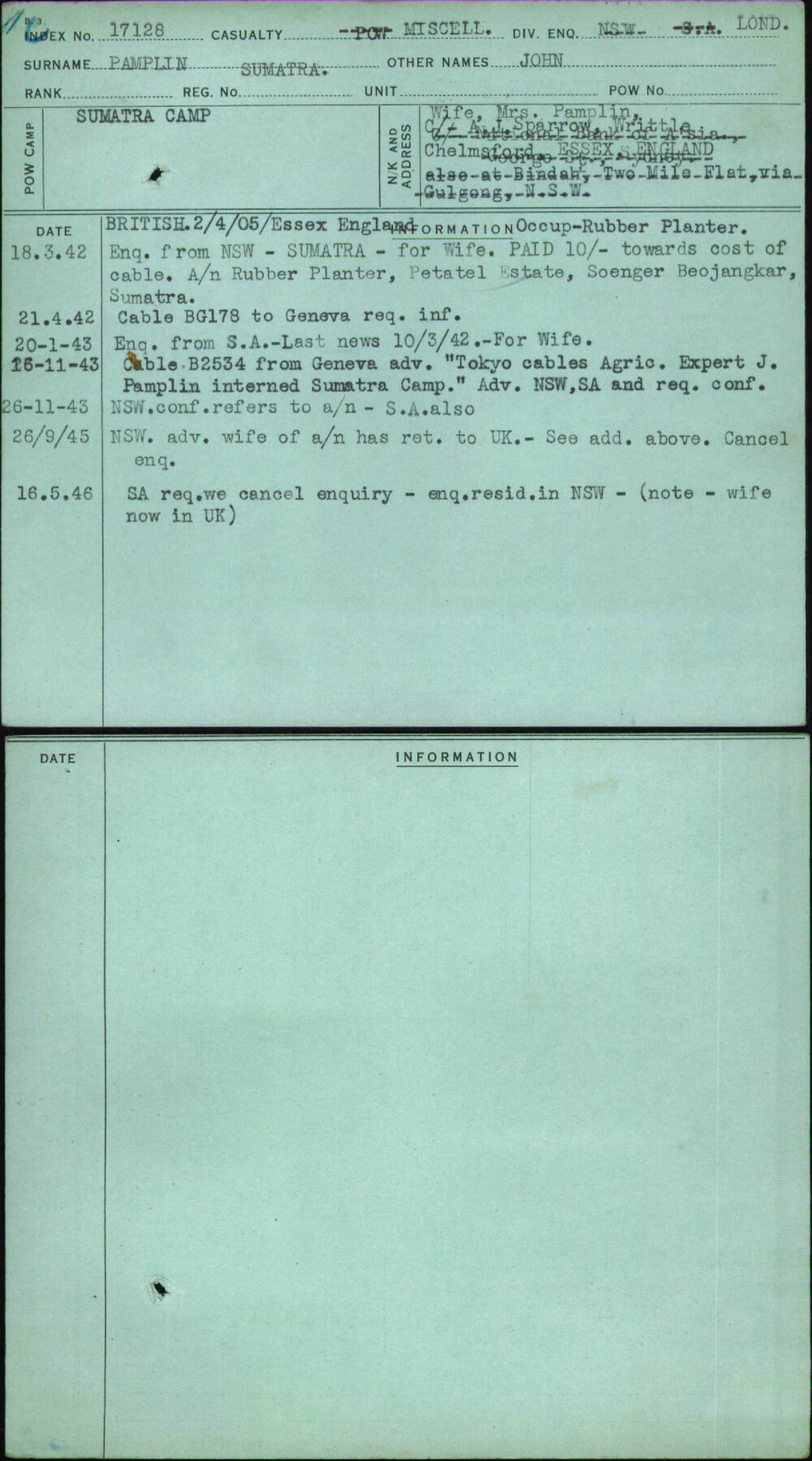 Pamplin, John, [No Service Number]
