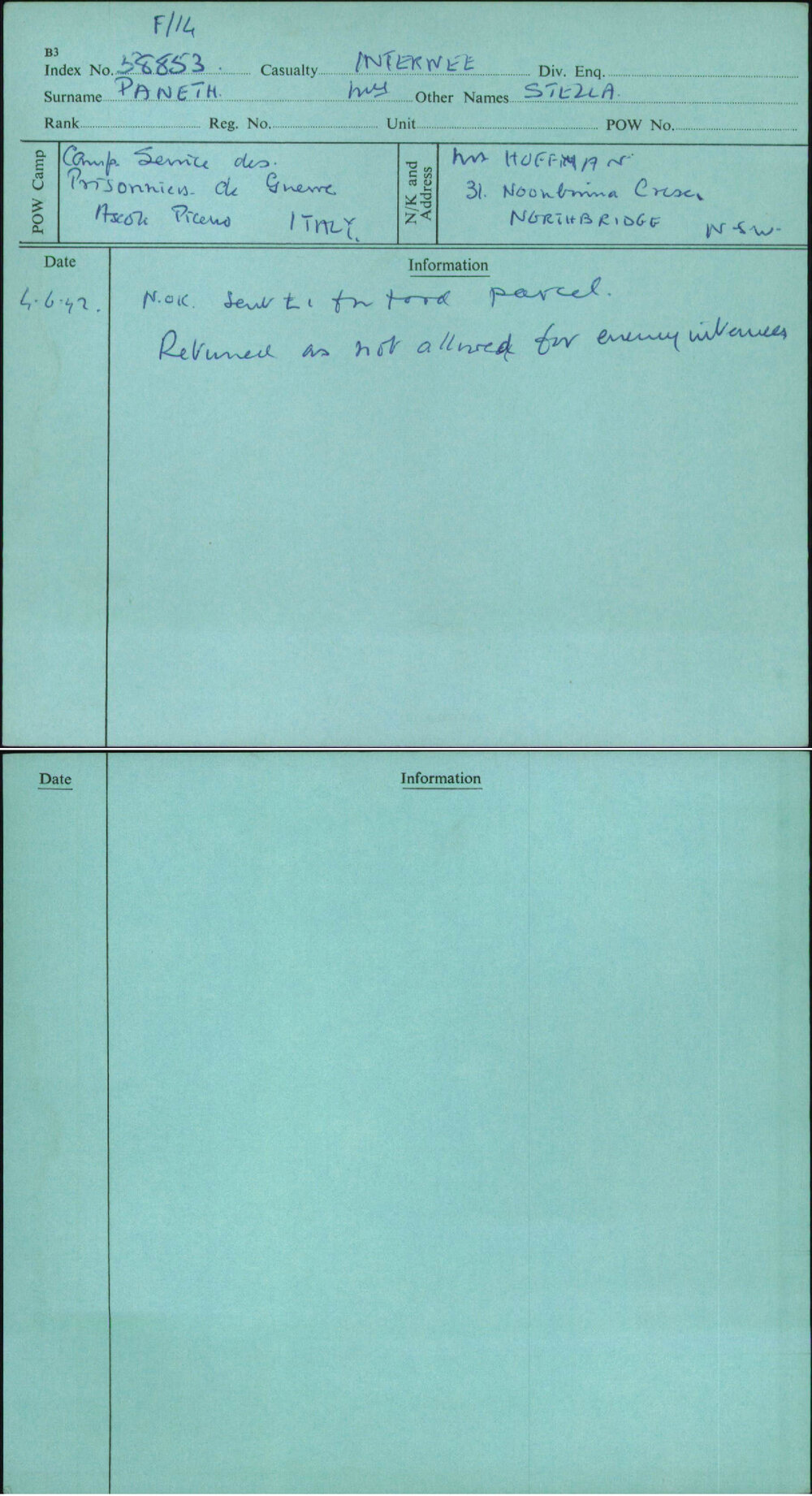 Paneth, Stella, [No Service Number]