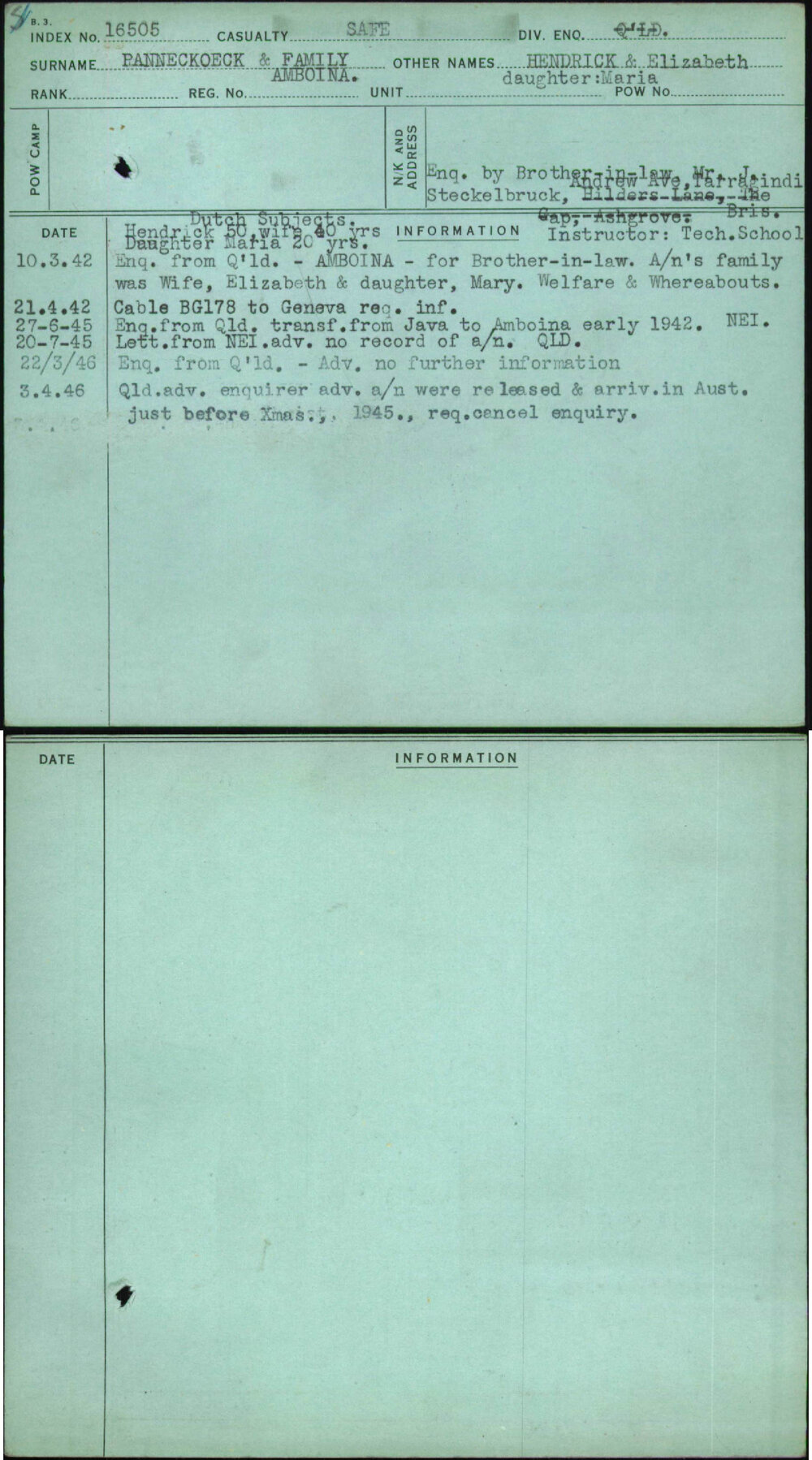 Panneckoeck &amp; Family, Hendrick &amp; Elizabeth Daughter - Maria, [No Service Number]