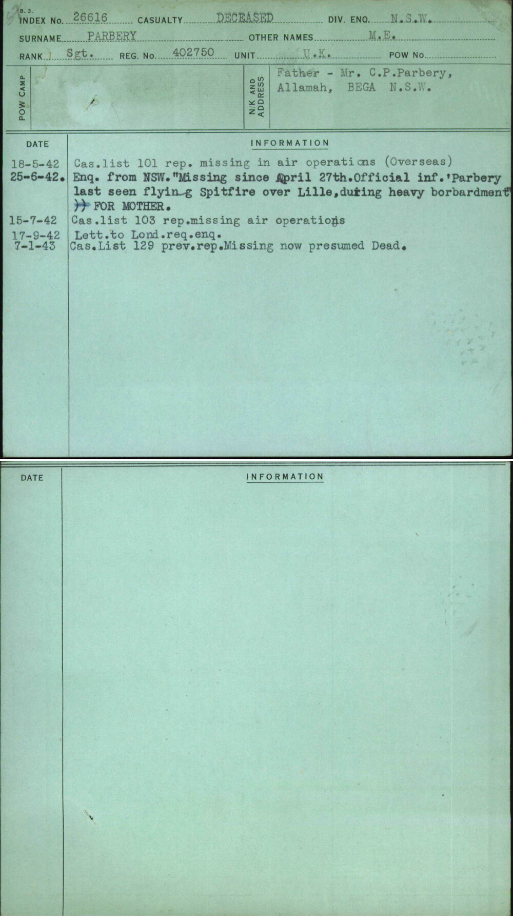 Parbery, M E, 402750