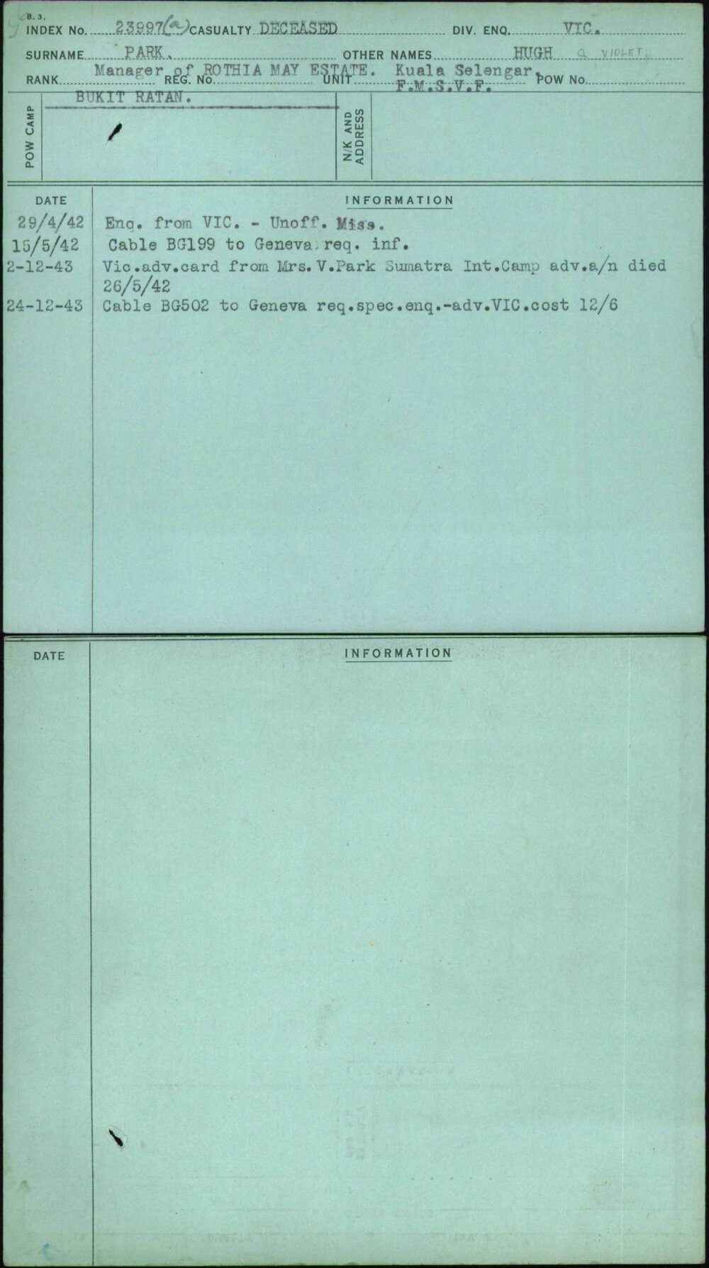 Park, Hugh &amp; Violet, [No Service Number]