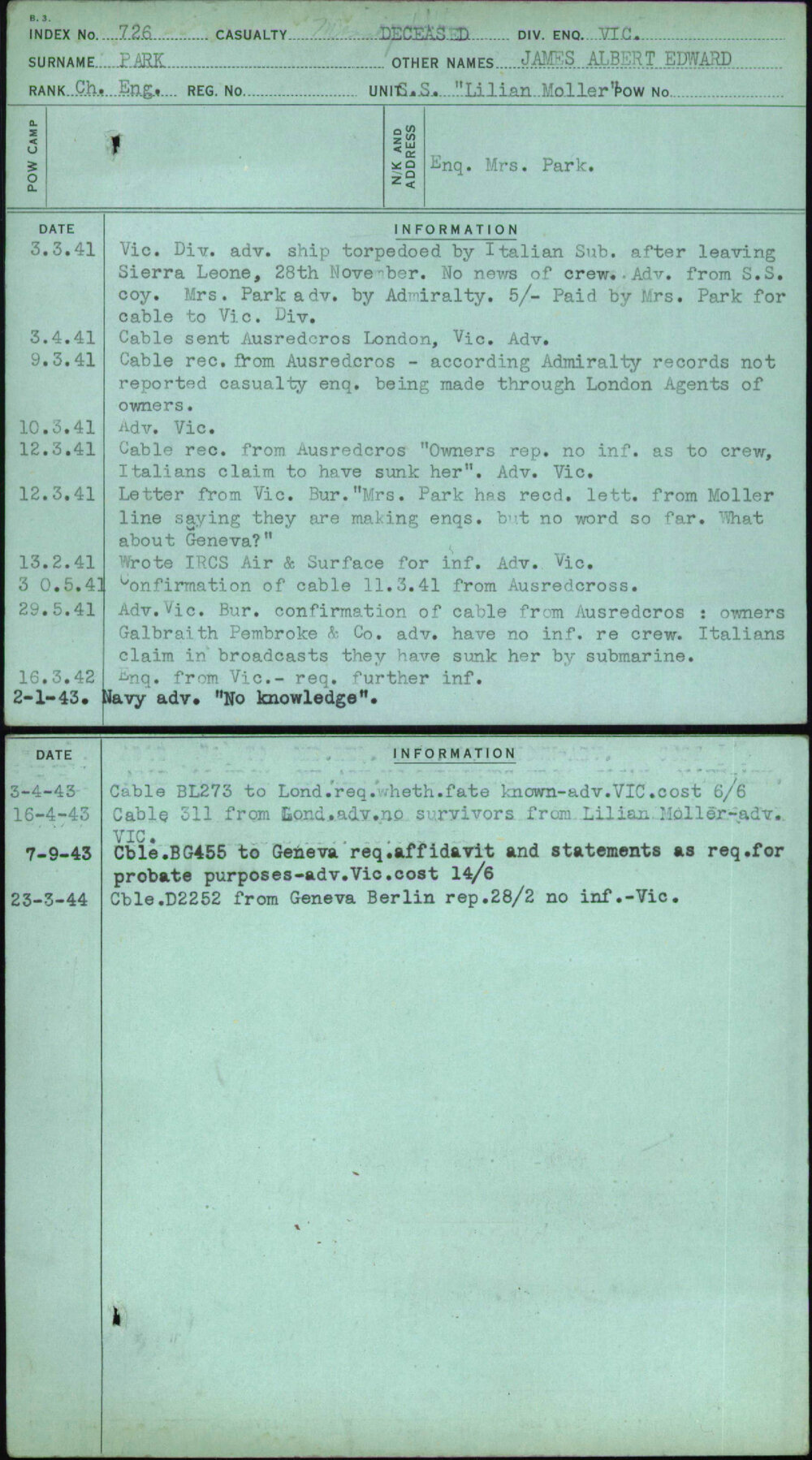 Park, James Albert Edward, [No Service Number]