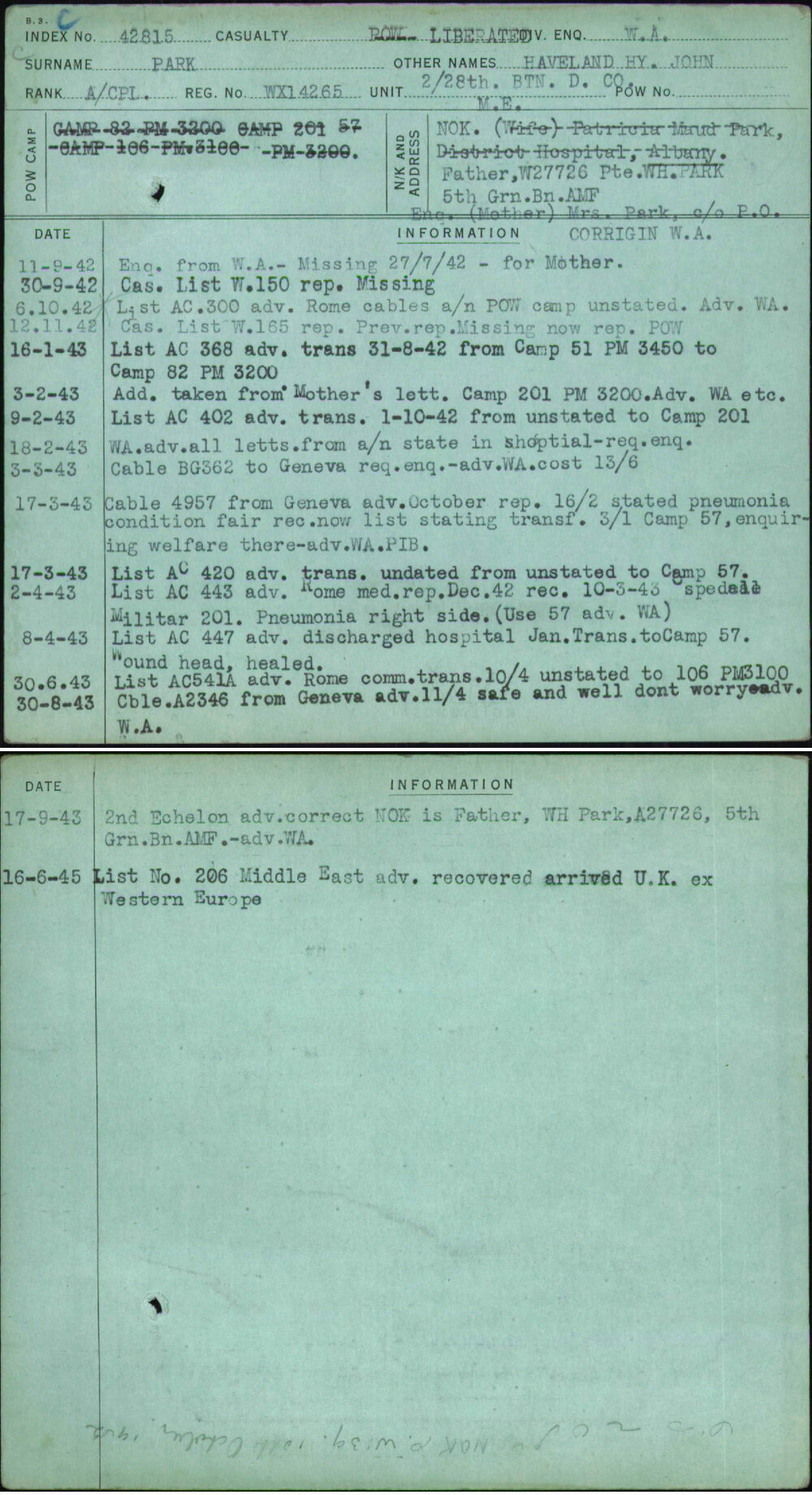 Park, Haveland Hy [Henry] John, WX14265