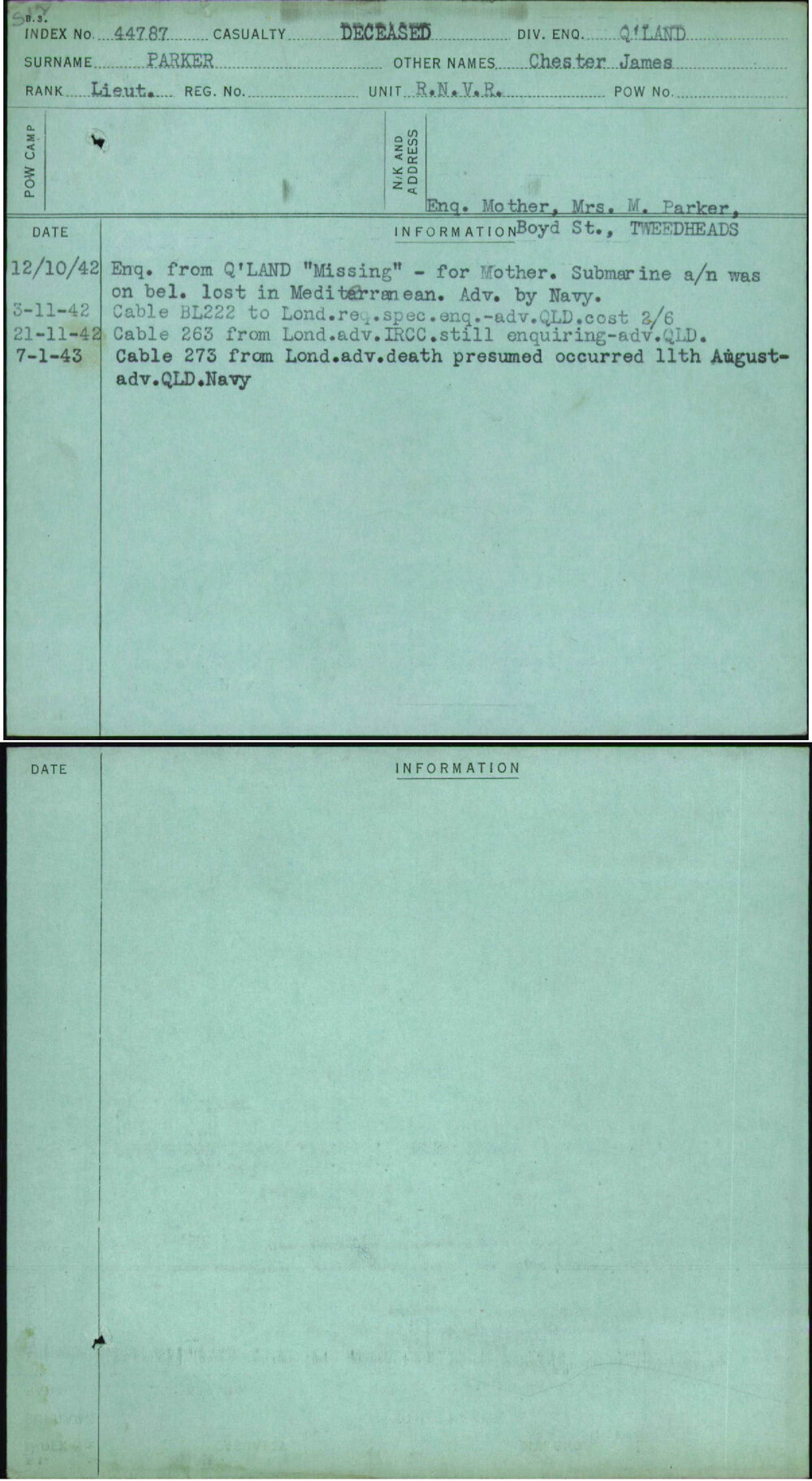 Parker, Chester James, [No Service Number]