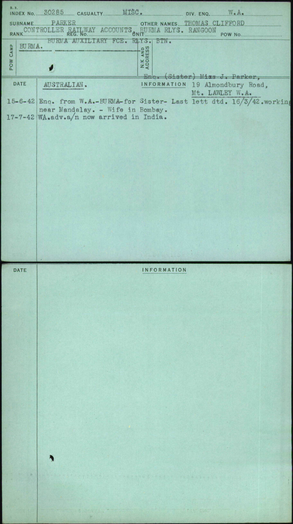 Parker, Thomas Clifford, [No Service Number]