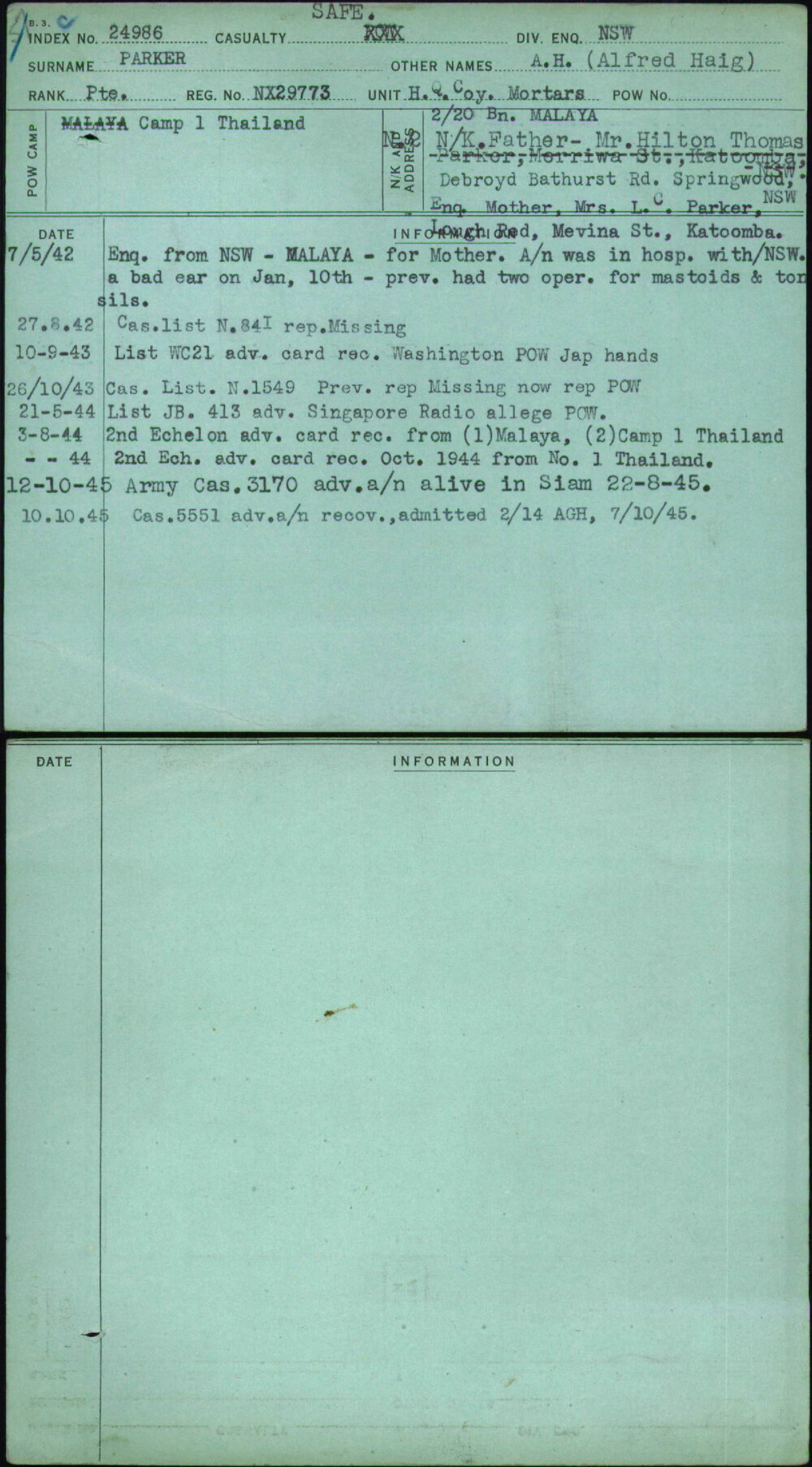 Parker, A H (Alfred Haig), NX29773