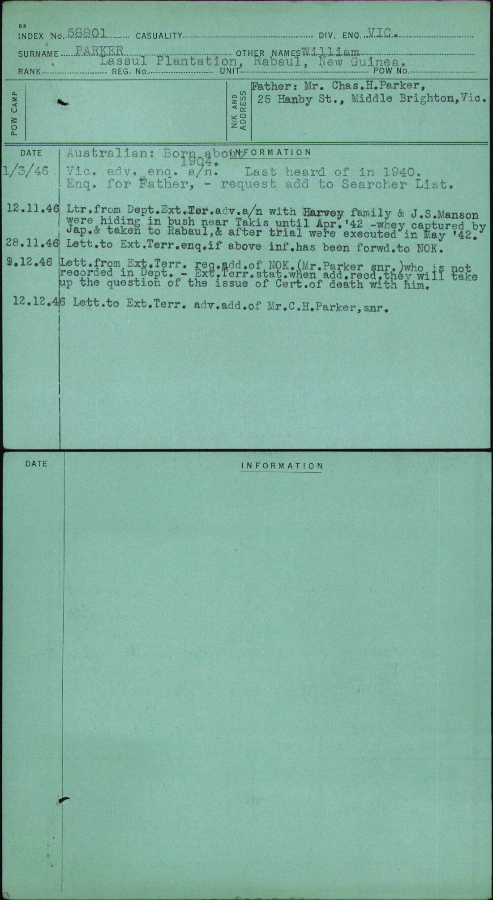 Parker, William, [No Service Number]