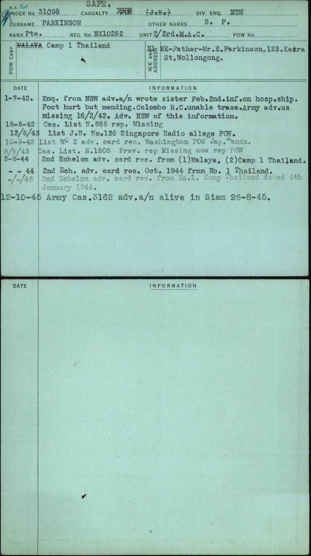 Parkinson, B P, NX10252