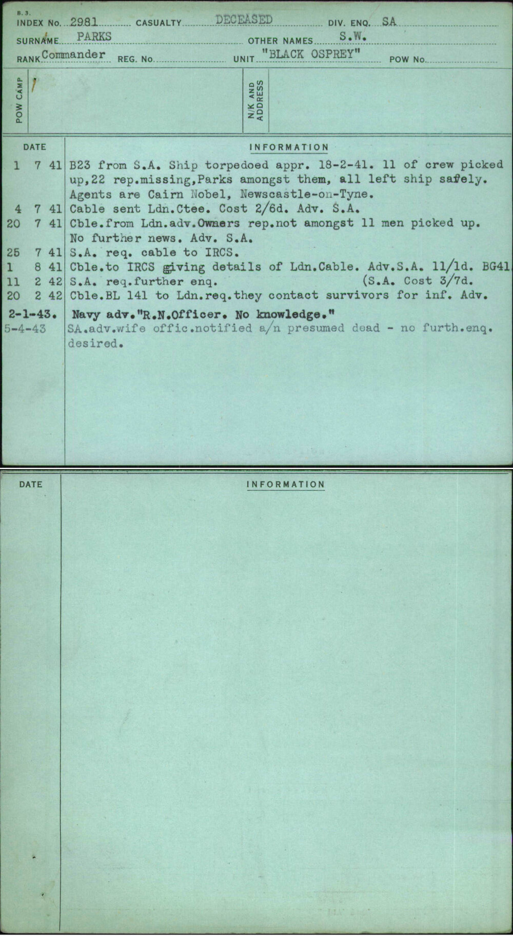 Parks, S W, [No Service Number]